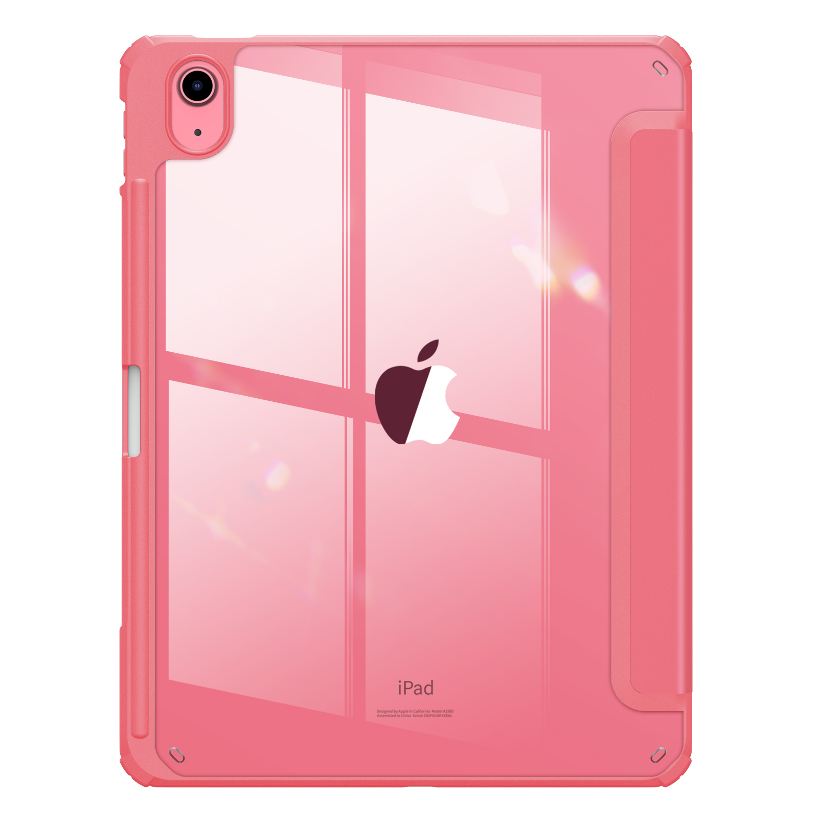Rosa iPad-Hülle mit transparentem Rücken und Apple-Logo. Ein Stift ist befestigt.