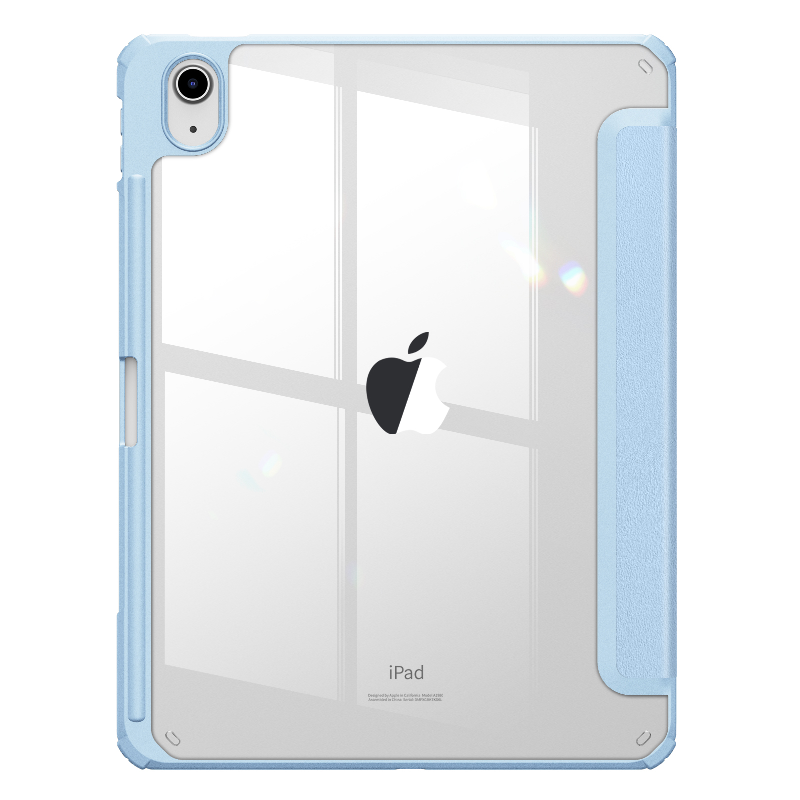 Blaue und transparente iPad-Hülle mit schwarzem Apple-Logo und hellblauem Rahmen.