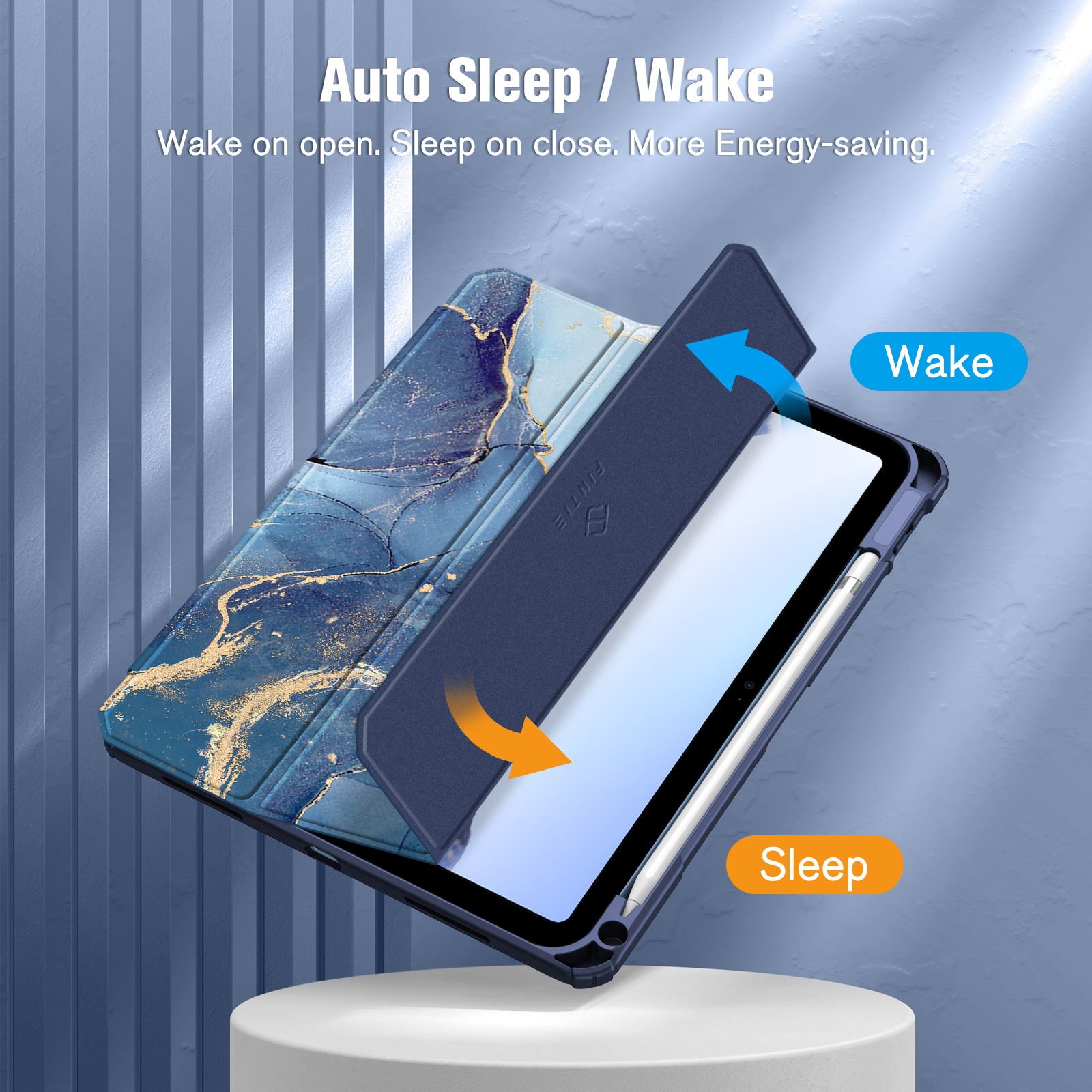 Blau-gold marmorierte iPad-Hülle, geöffnet mit Bildschirm, mit Sleep/Wake-Funktion.