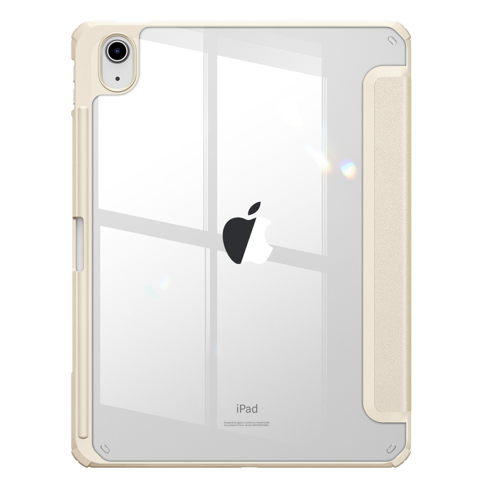 iPad-Hülle mit durchsichtigem Rückteil und beigem Rahmen. Zeigt das Apple-Logo.