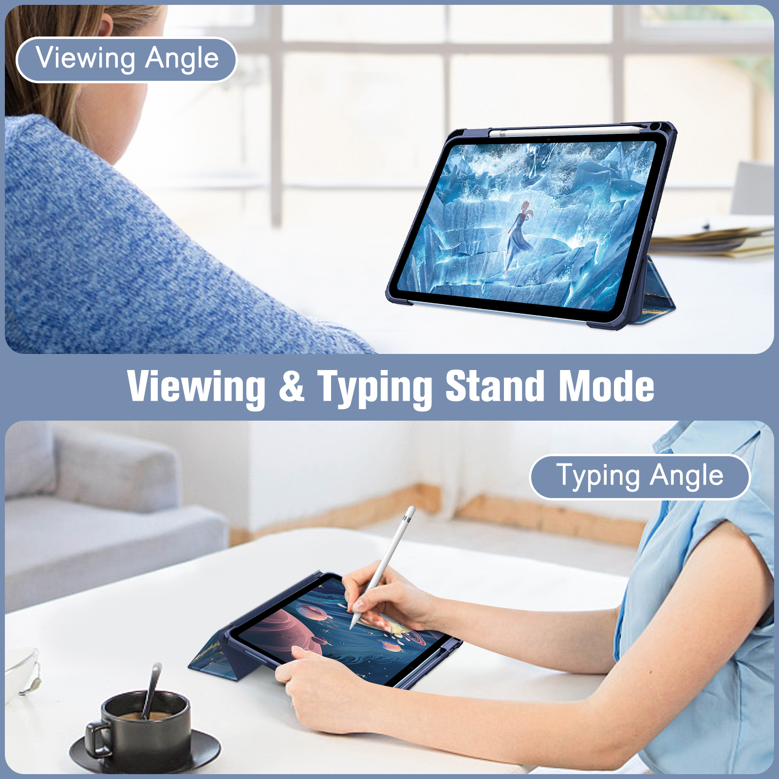 Eine Frau benutzt ein Tablet auf einem Tisch. Das Tablet zeigt ein Bild, und der Text lautet „Viewing & Typing Stand Mode“.