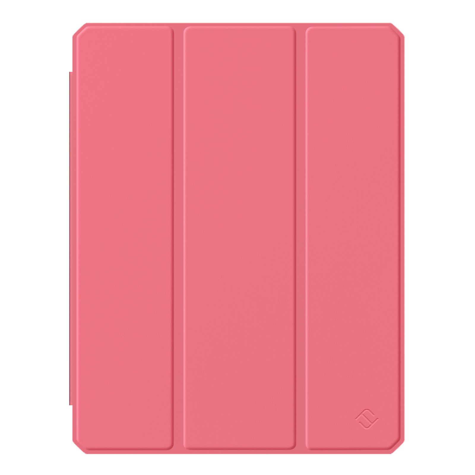 Eine pinkfarbene Tablethülle, geschlossen, auf weißem Hintergrund.
