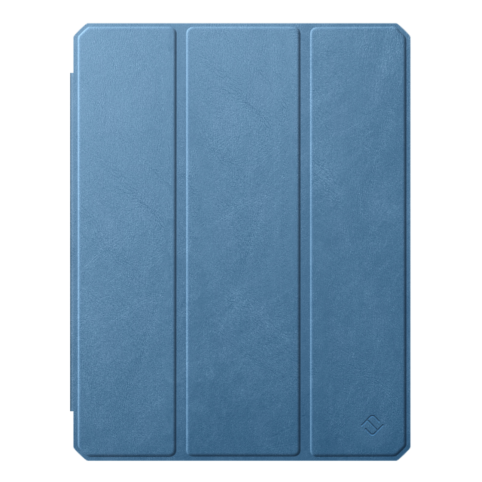 Blaue Tablet-Hülle, geschlossen. Sie hat eine strukturierte Oberfläche und ein Logo rechts unten.