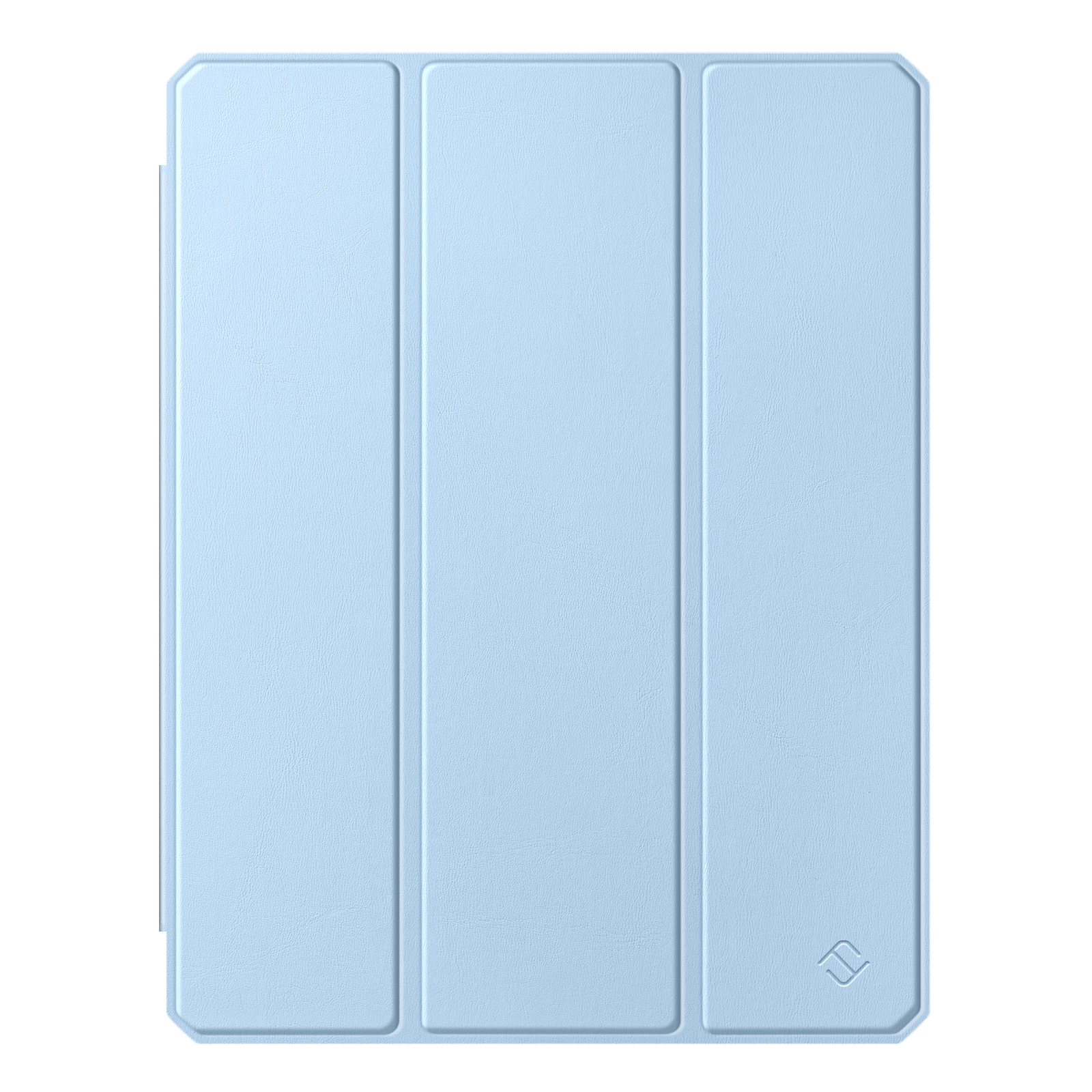 Hellblaue Tablet-Hülle, geschlossen, mit drei Paneelen und einem Logo unten rechts.