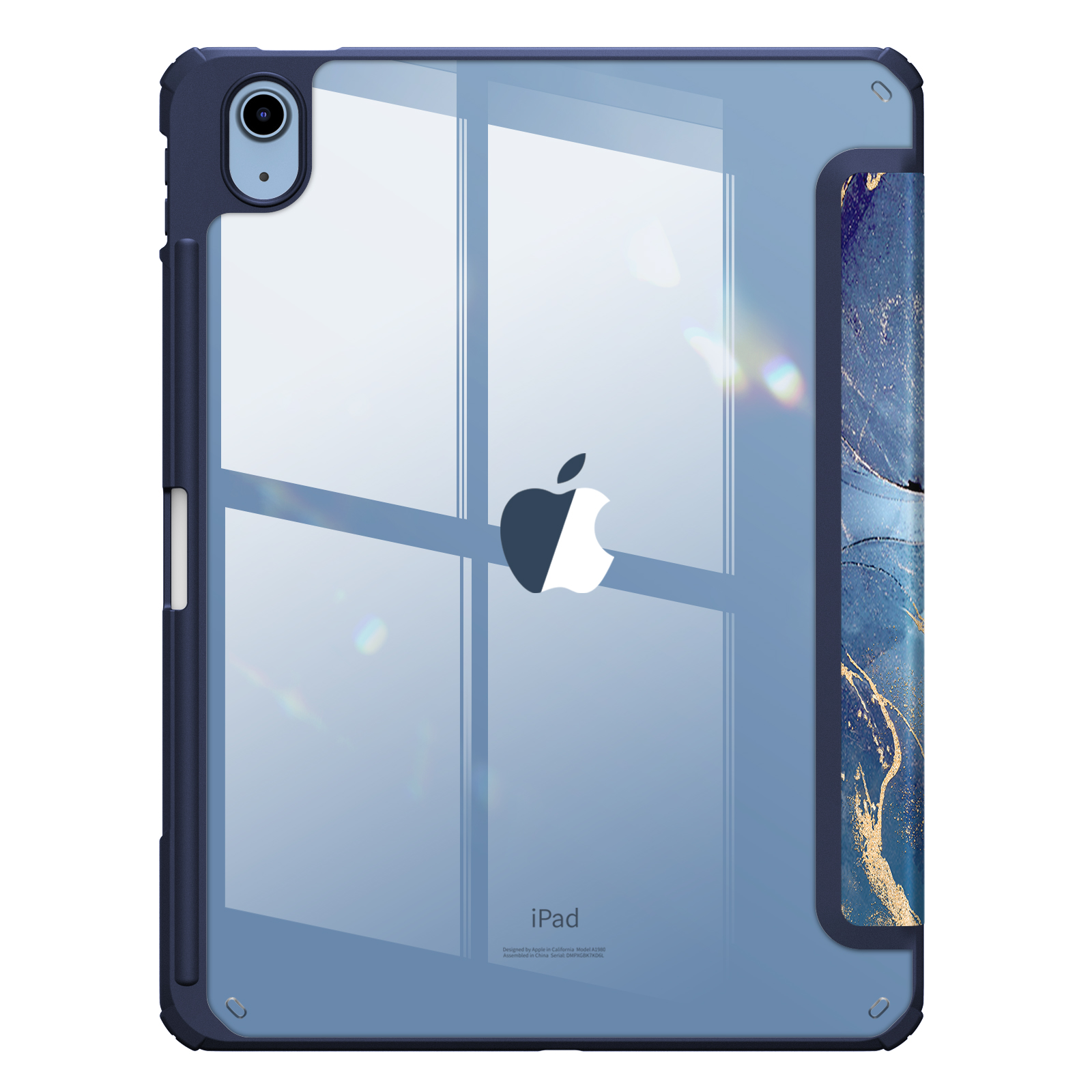 Blaue Tablet-Hülle mit transparentem Rücken und schwarzem Rahmen.