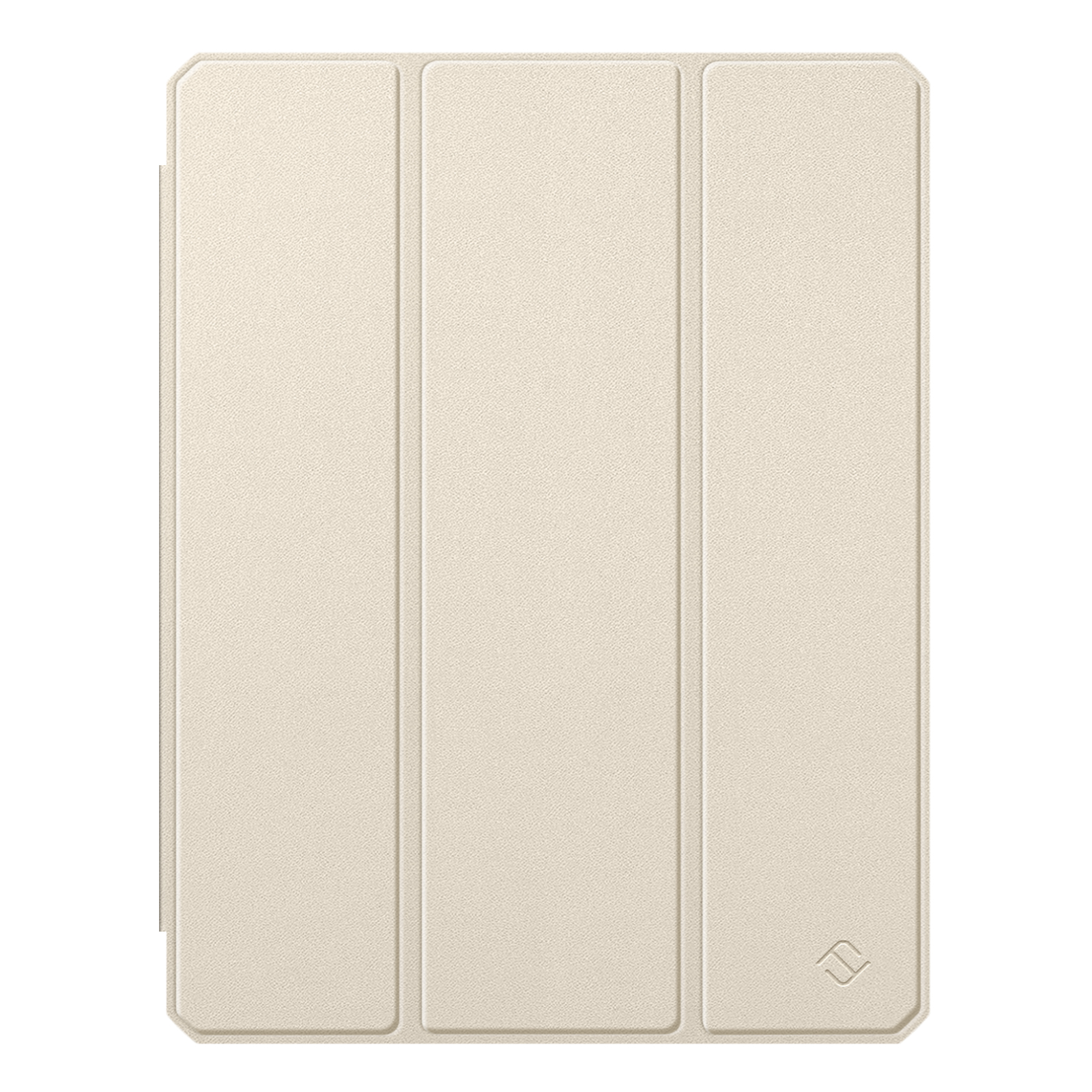 Geschlossene beige Tablet-Hülle mit drei Paneelen und einem Logo in der unteren rechten Ecke.