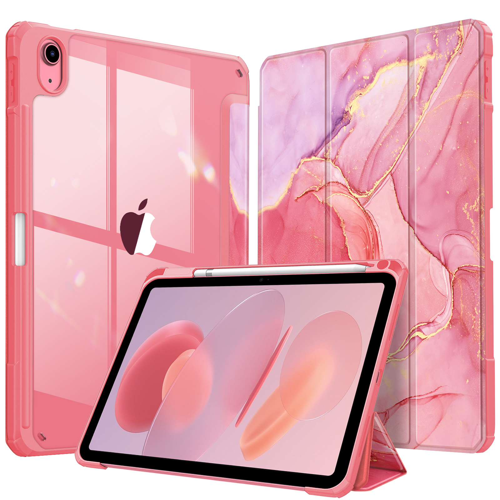Rosa iPad-Hülle mit drei Ansichten. Eine klare Rückseite zeigt das Apple-Logo. Die Hülle steht.