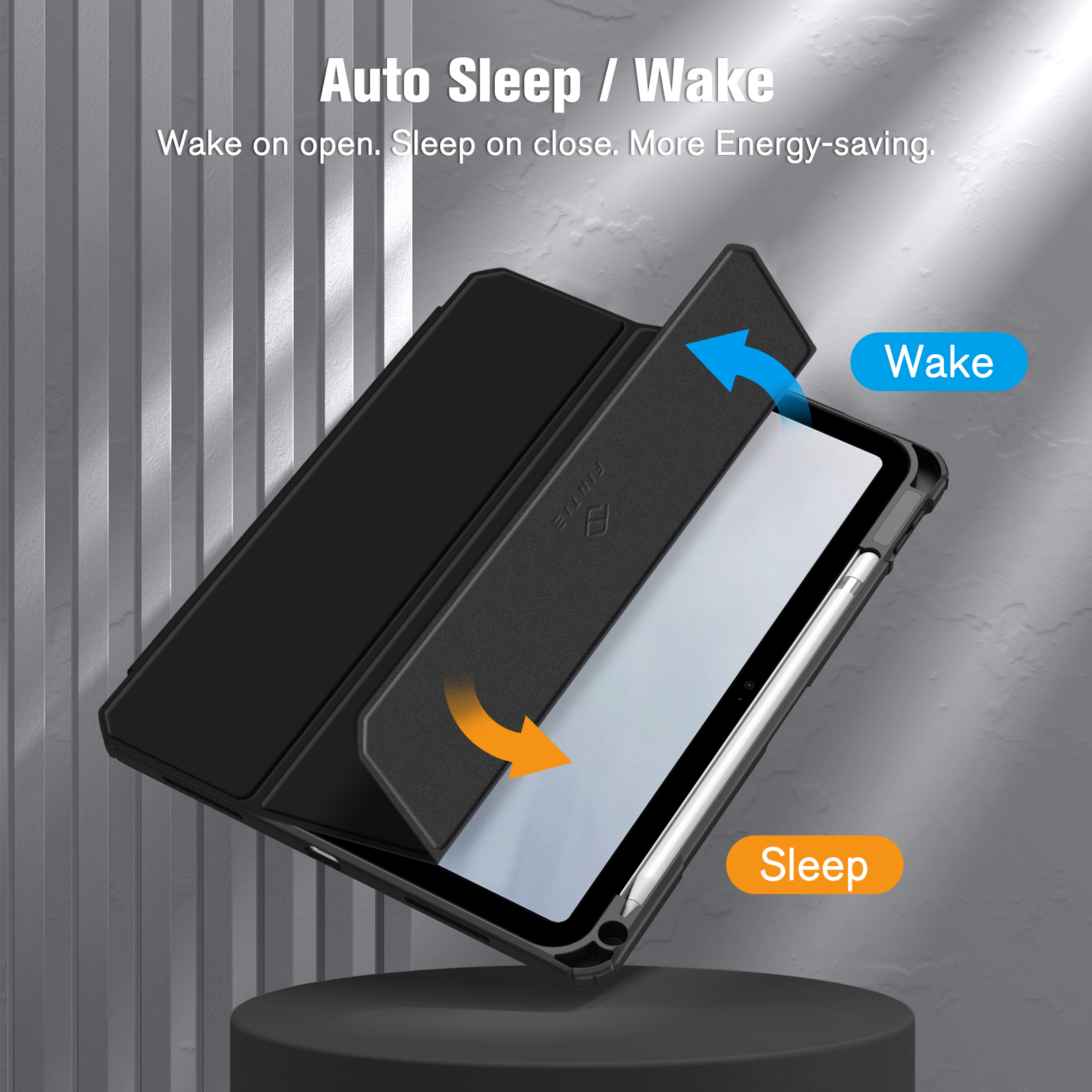 Tablet in Hülle, zeigt 'Wake' und 'Sleep' Funktionen.