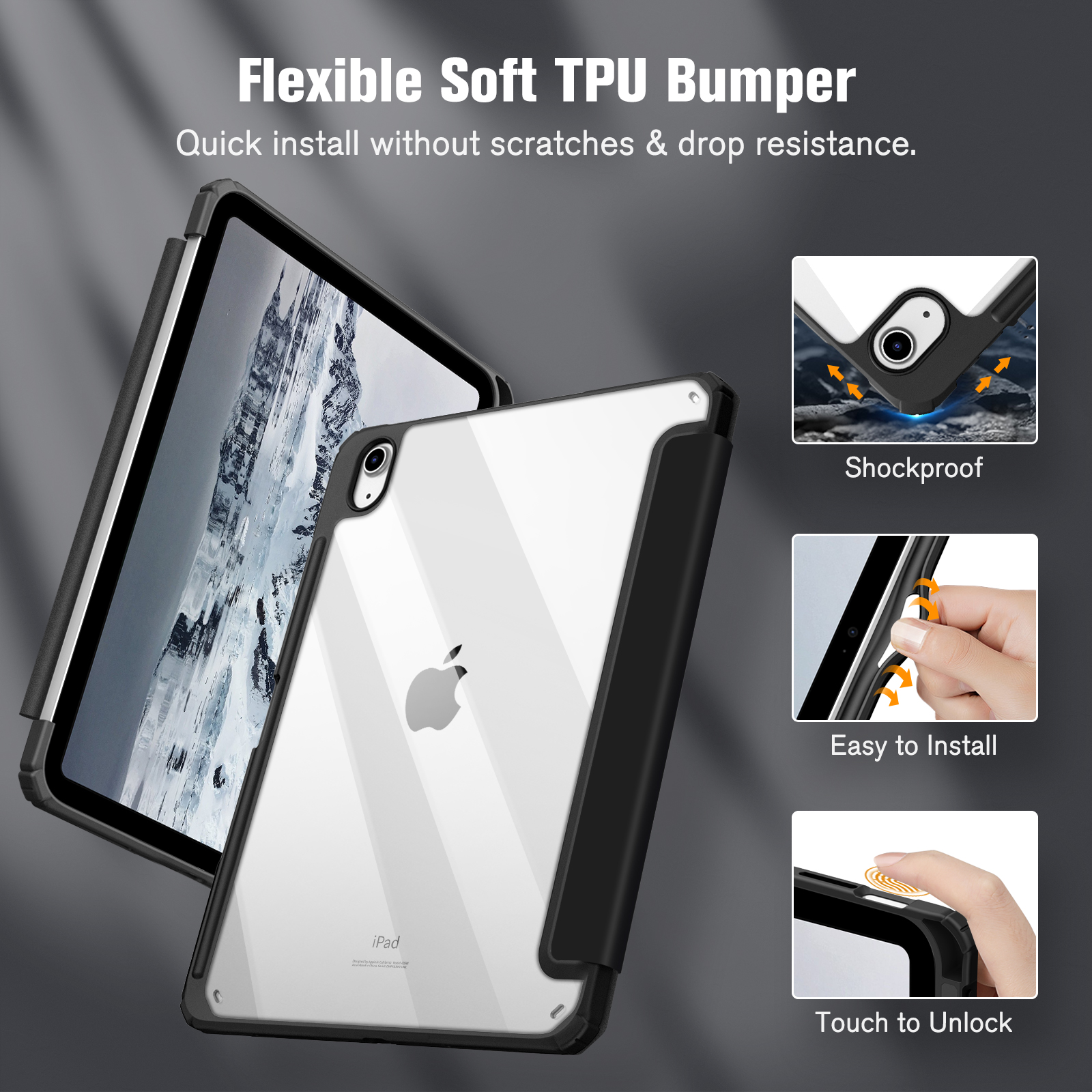Zwei iPads in Hüllen, eine durchsichtige, eine schwarze. Die transparente Hülle befindet sich auf dem iPad.