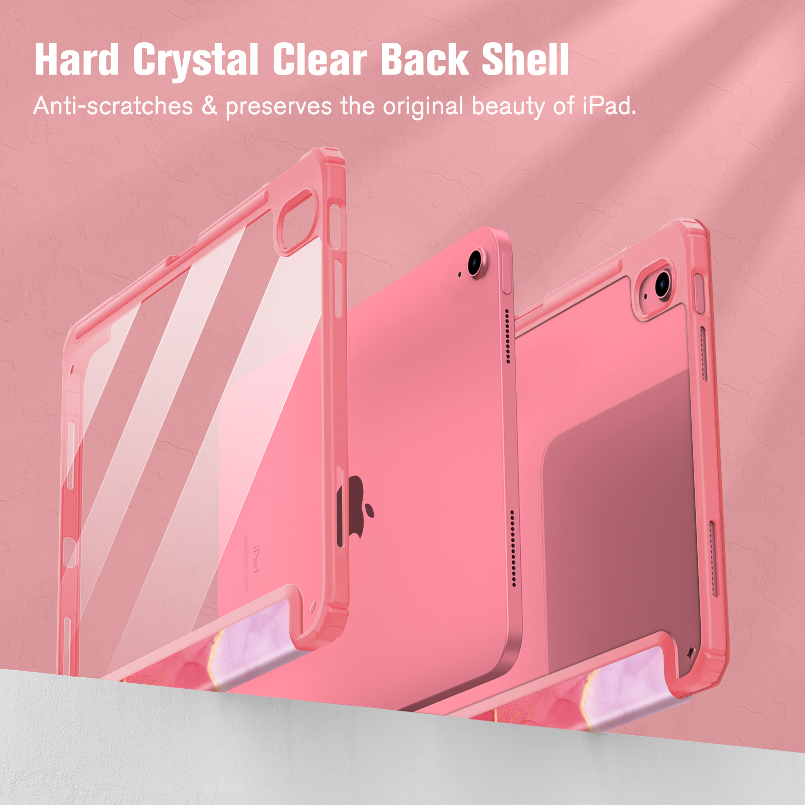 Rosa iPad-Hüllen, transparente Rückschale, mit einem rosa iPad. Zeigt Rück- und Seitenansichten.