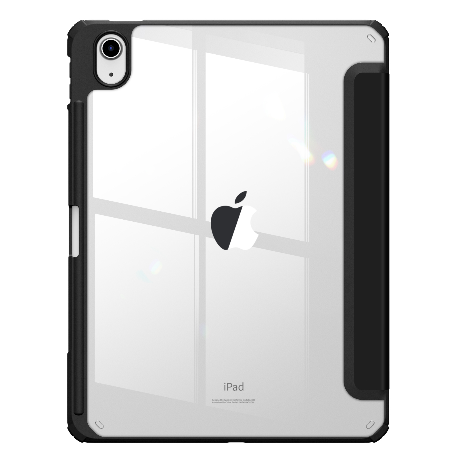 iPad-Hülle mit durchsichtigem Rücken und schwarzem Rahmen. Apple-Logo in der Mitte.