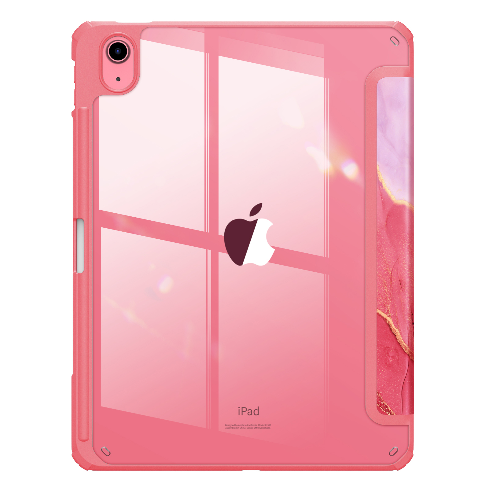 Rosa iPad-Hülle mit durchsichtigem Rücken. Auf der linken Seite befindet sich ein Stift.