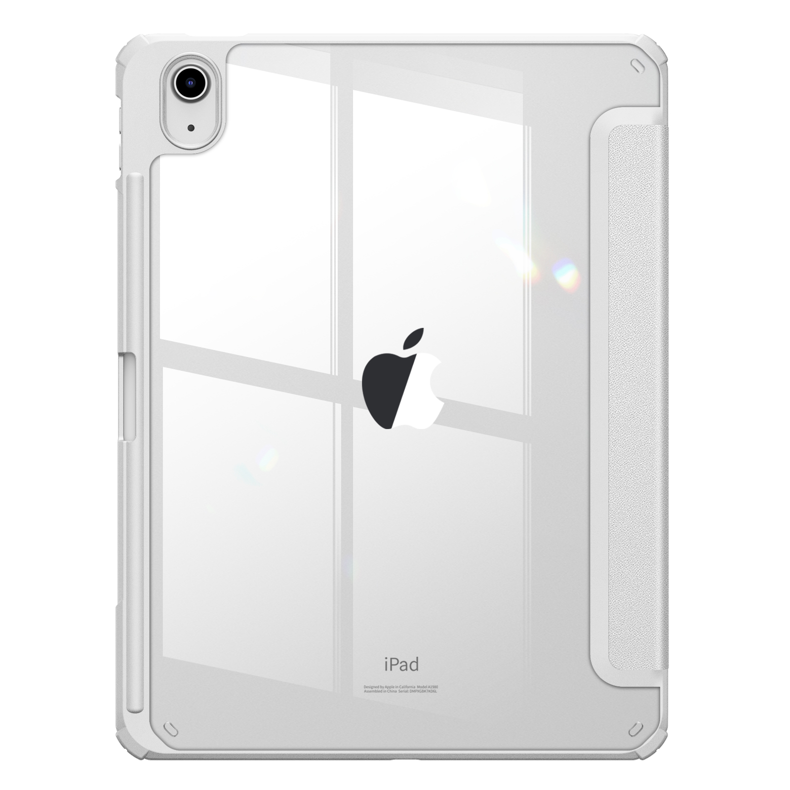 Weiße iPad-Hülle mit durchsichtigem Rücken und Apple-Logo. Die Hülle hat einen eingebauten Ständer.
