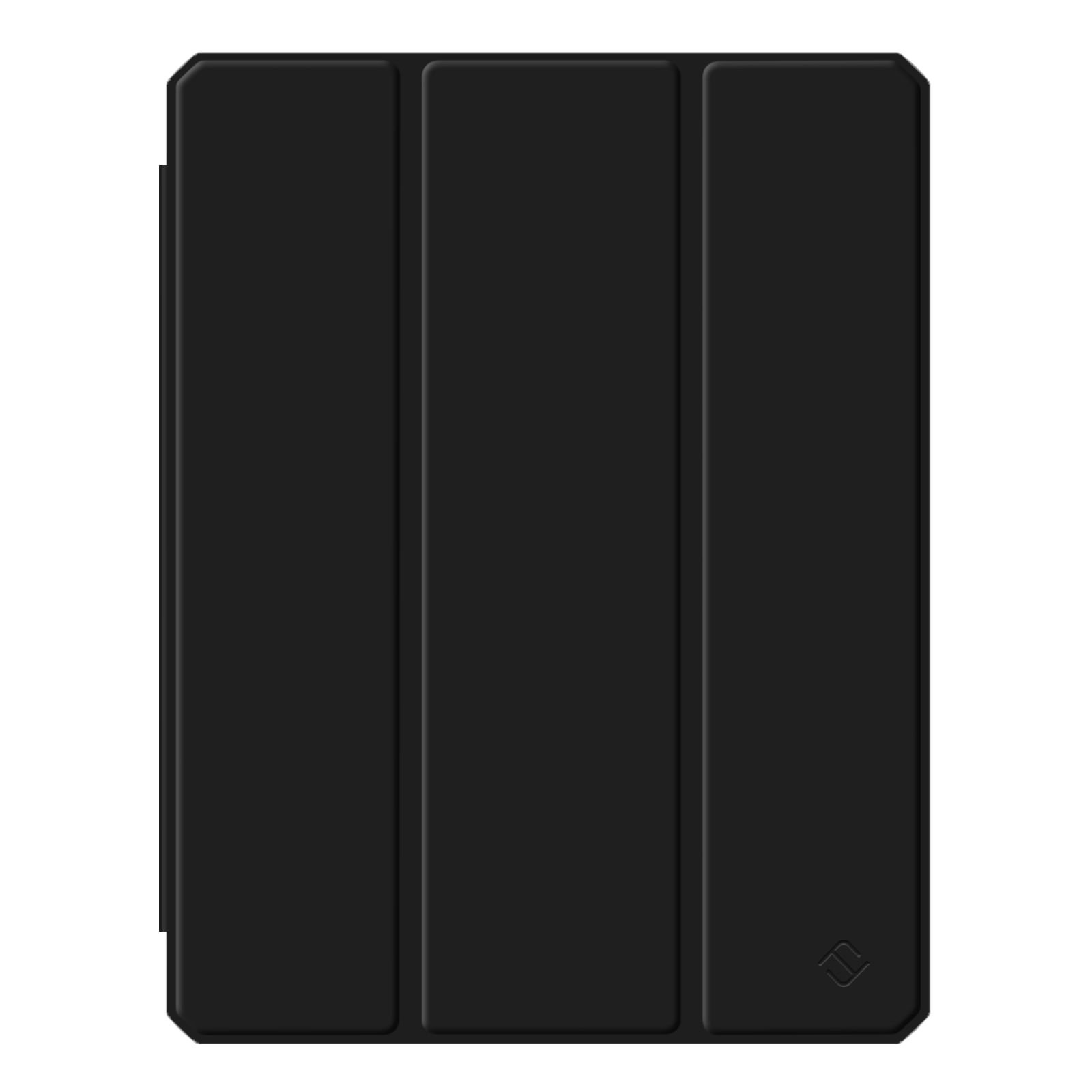 Schwarze Tablethülle gefaltet. Drei Paneele, eines mit Logo.