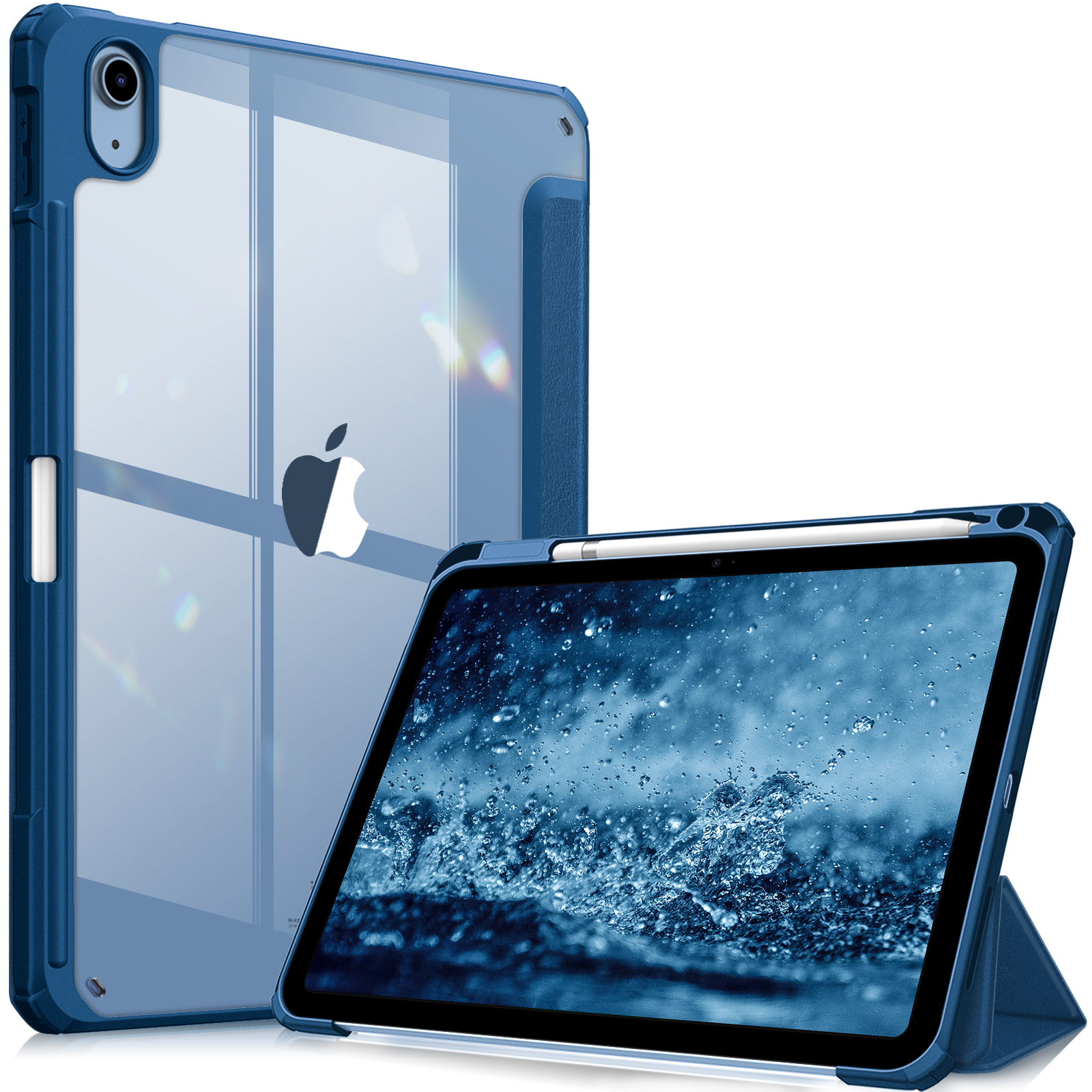 Blaue iPad-Hülle mit durchsichtigem Rücken und blauem Frontcover, mit einem iPad, das ein Wasserspritzbild zeigt.
