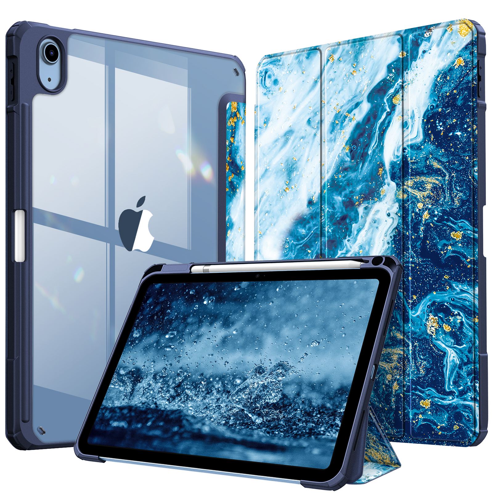 Blaue iPad-Hülle mit transparentem Rücken. iPad steht und zeigt blau-goldenen Hintergrund.