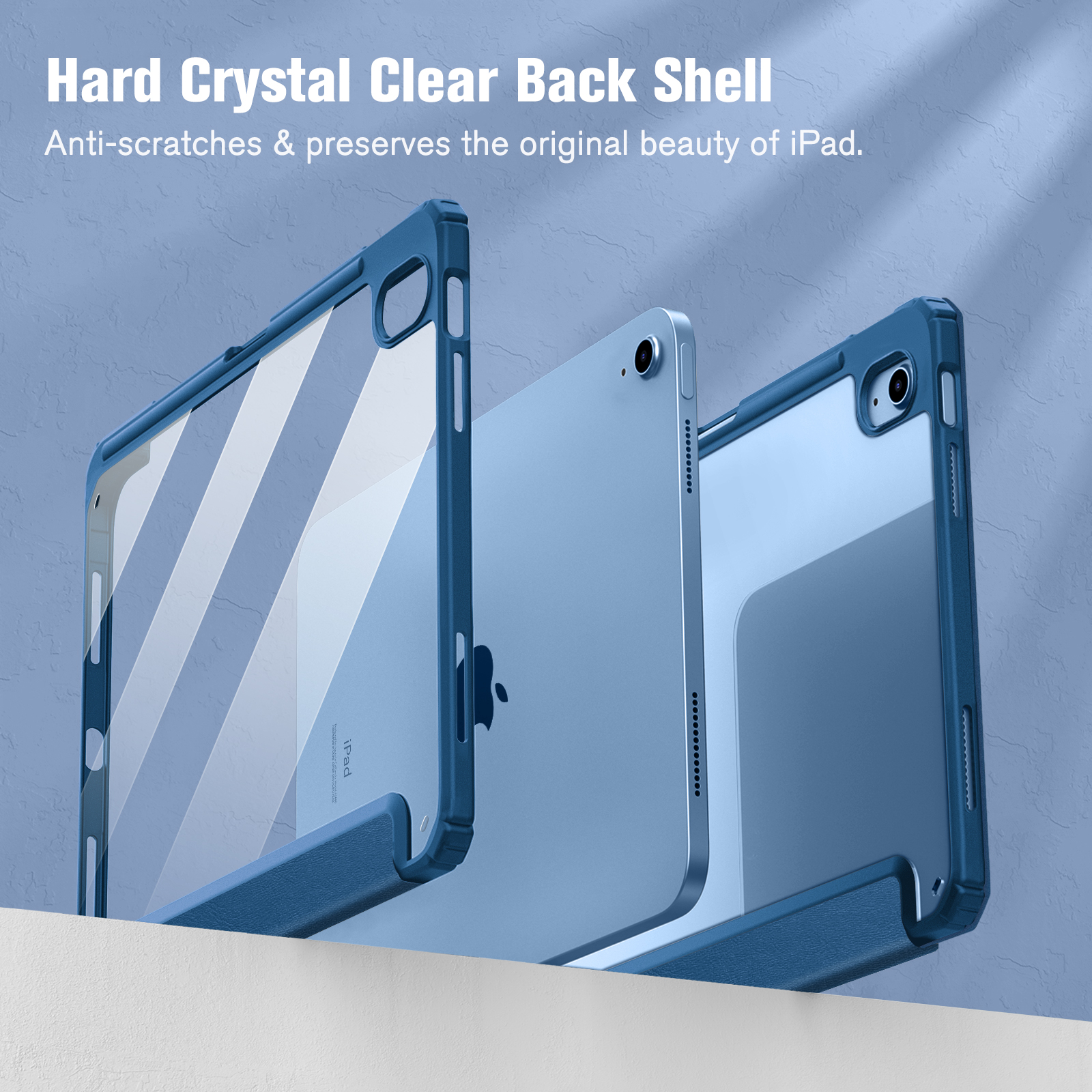Blaue iPad-Hüllen, transparente Rückschale, mit einem silbernen iPad. Zeigt Rück- und Seitenansichten.