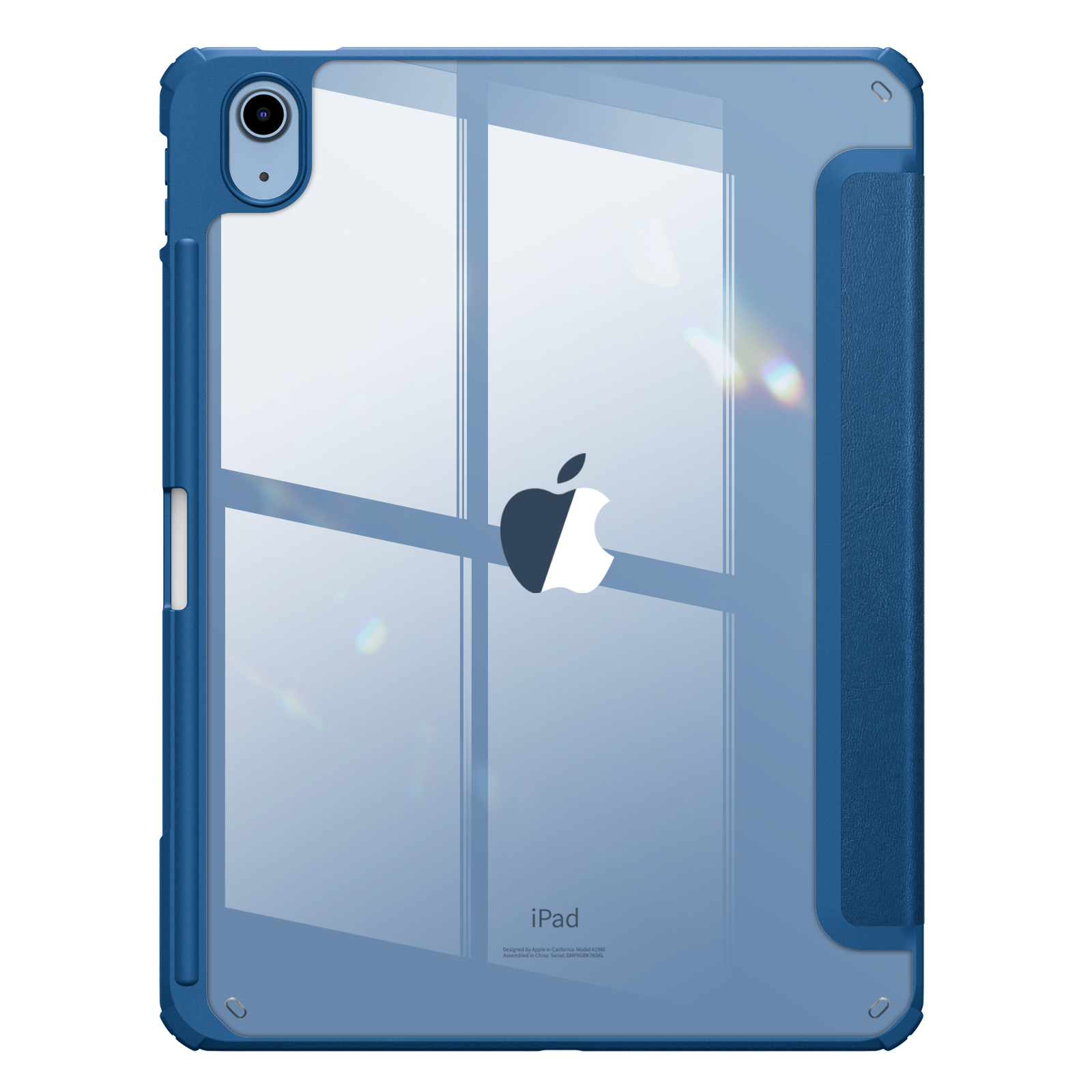 Blaue iPad-Hülle mit durchsichtigem Rücken und Stifthalter. Das Apple-Logo ist sichtbar.