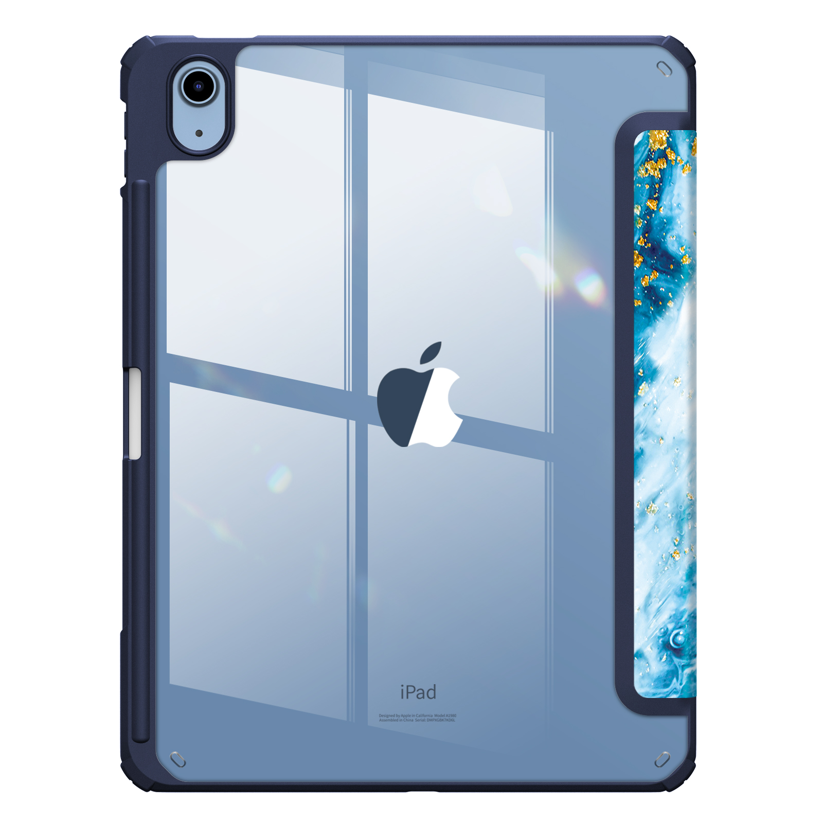 Blaue iPad-Hülle mit durchsichtigem Rücken, zeigt den Bildschirm des iPads und ein Apple-Logo.