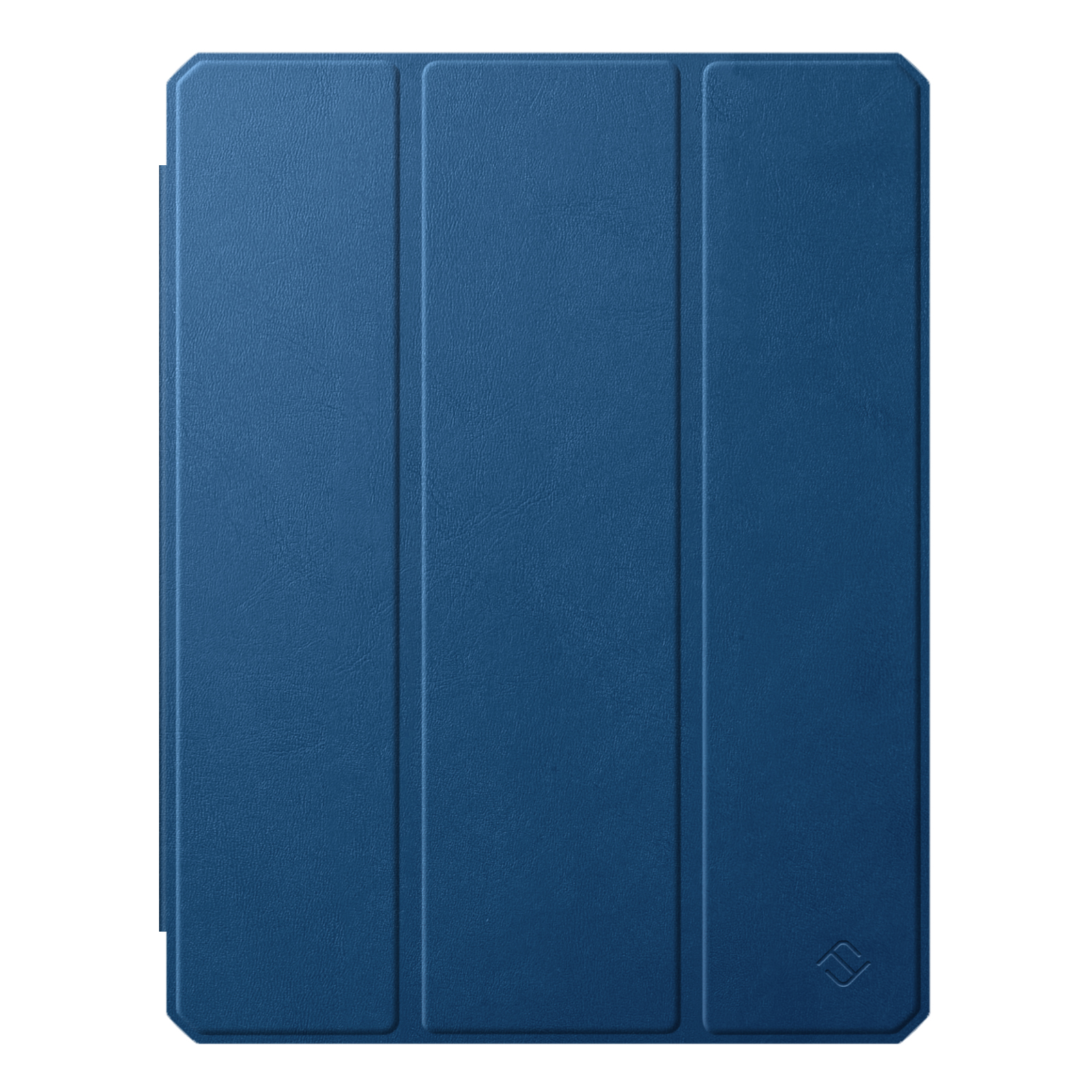 Blaue Tablet-Hülle, geschlossen, mit strukturierter Oberfläche und kleinem Logo.