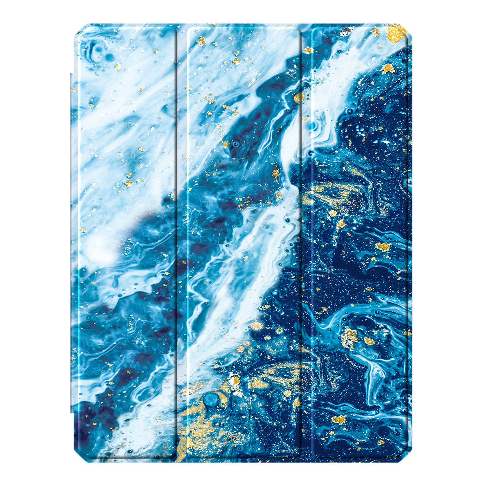 Eine Tablethülle mit blau-weißem Marmordesign und goldenen Akzenten. Die Panels sind dreifach gefaltet.