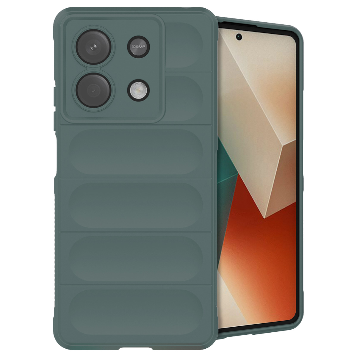 Groene telefoonhoes met camera, toont de achterkant van een telefoon. Witte achtergrond.
