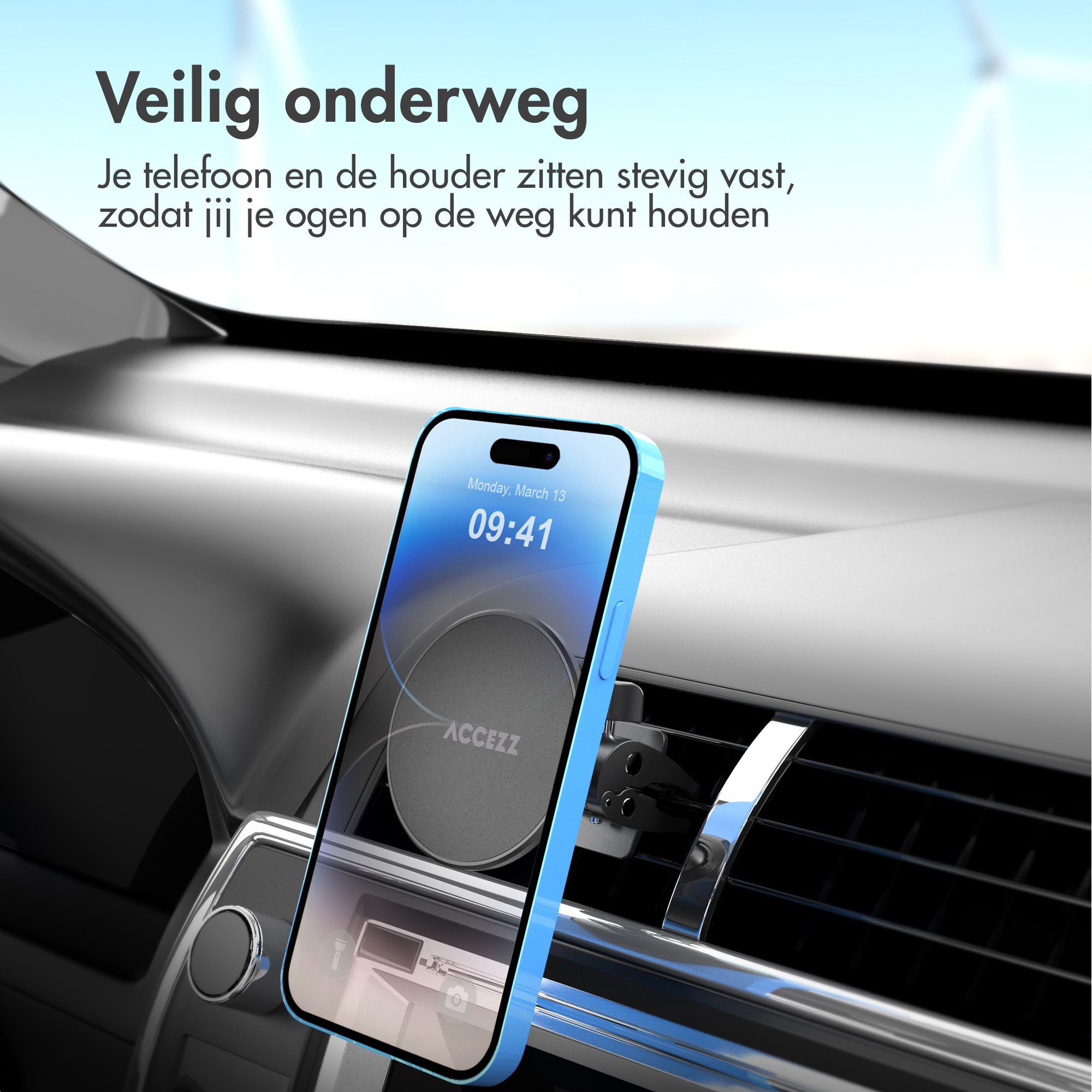 Phone mounted in a car vent, showing the time. Blue phone case and phone holder are visible.