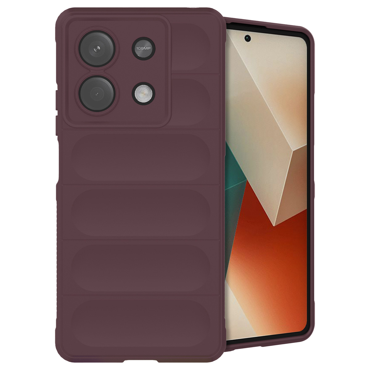 Donkerrode telefoonhoes met een camerabult. Het scherm van de telefoon is zichtbaar.