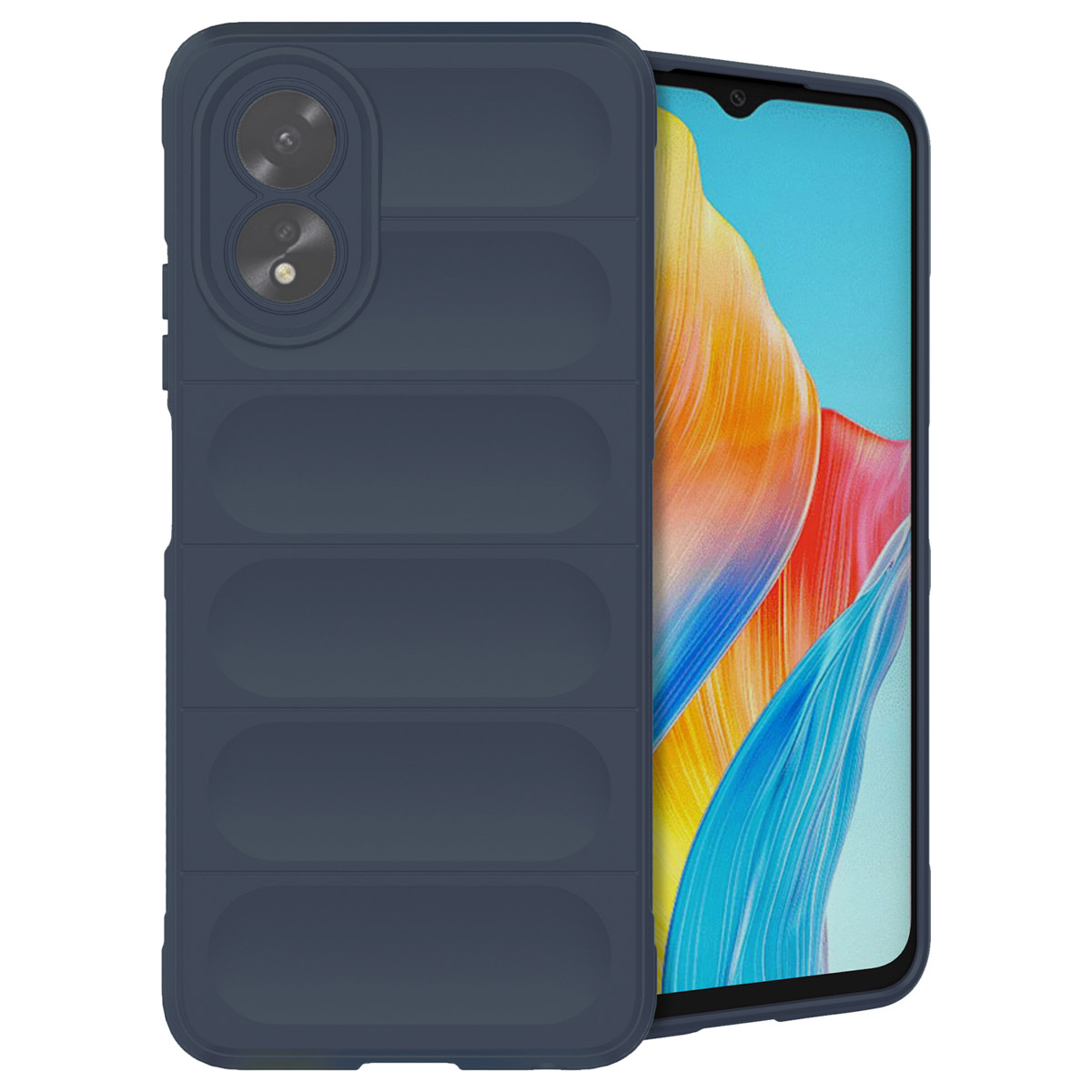 Coque de téléphone bleu marine avec un design texturé, montrant un écran de téléphone bleu avec un arrière-plan coloré.