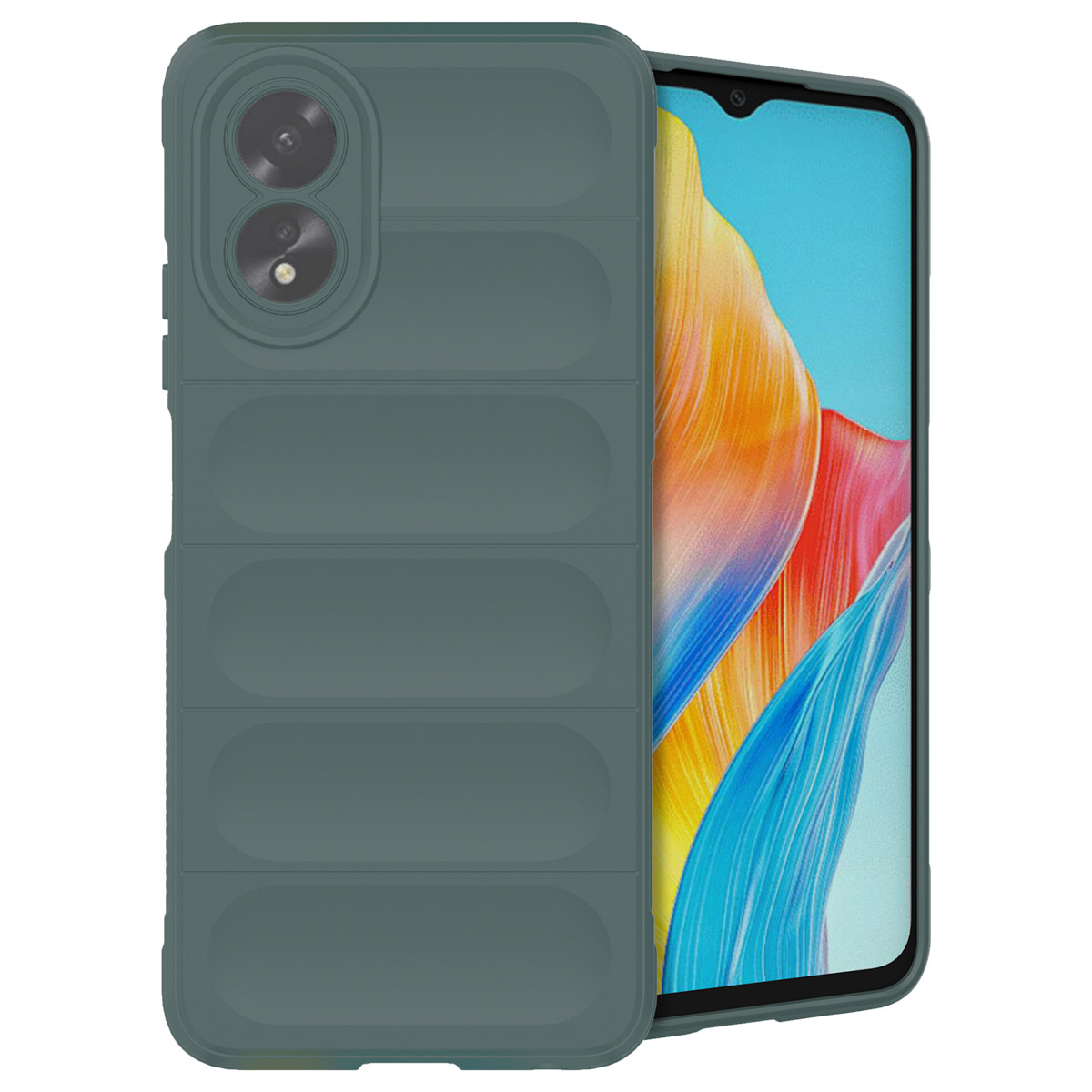 Une coque de téléphone avec un téléphone à l'intérieur. La coque et le téléphone sont verts.