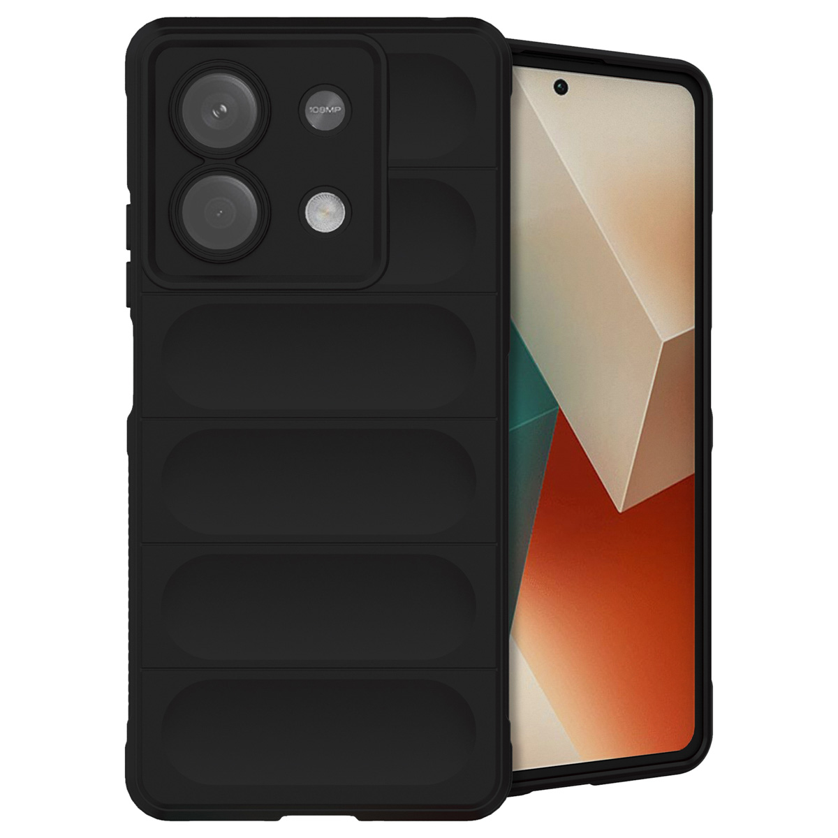 Zwarte telefoonhoes met een camerabult. De achterkant van de telefoonhoes is zichtbaar. Witte achtergrond.