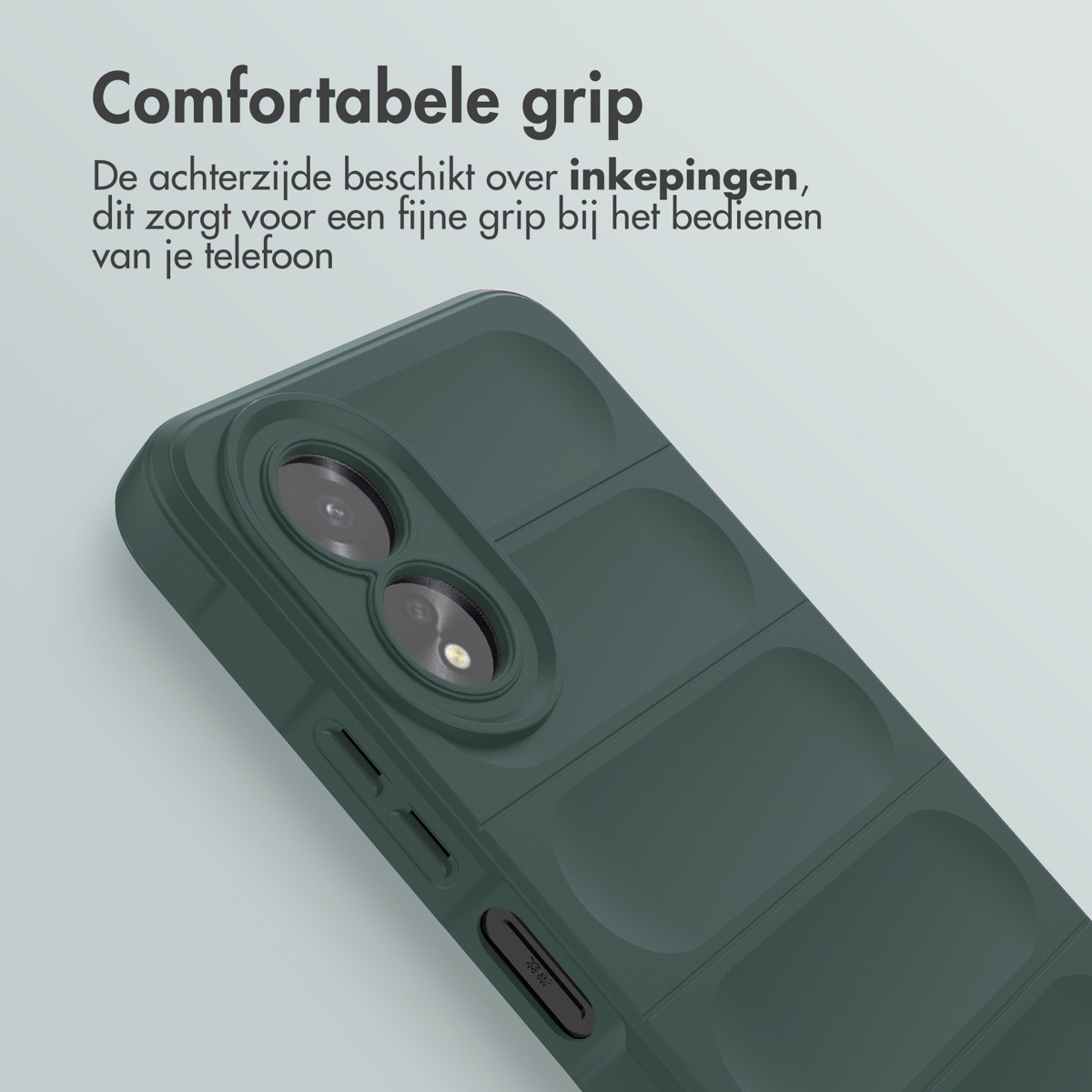 Gros plan sur une coque verte foncée avec caméra et boutons latéraux. Texte en néerlandais en haut.