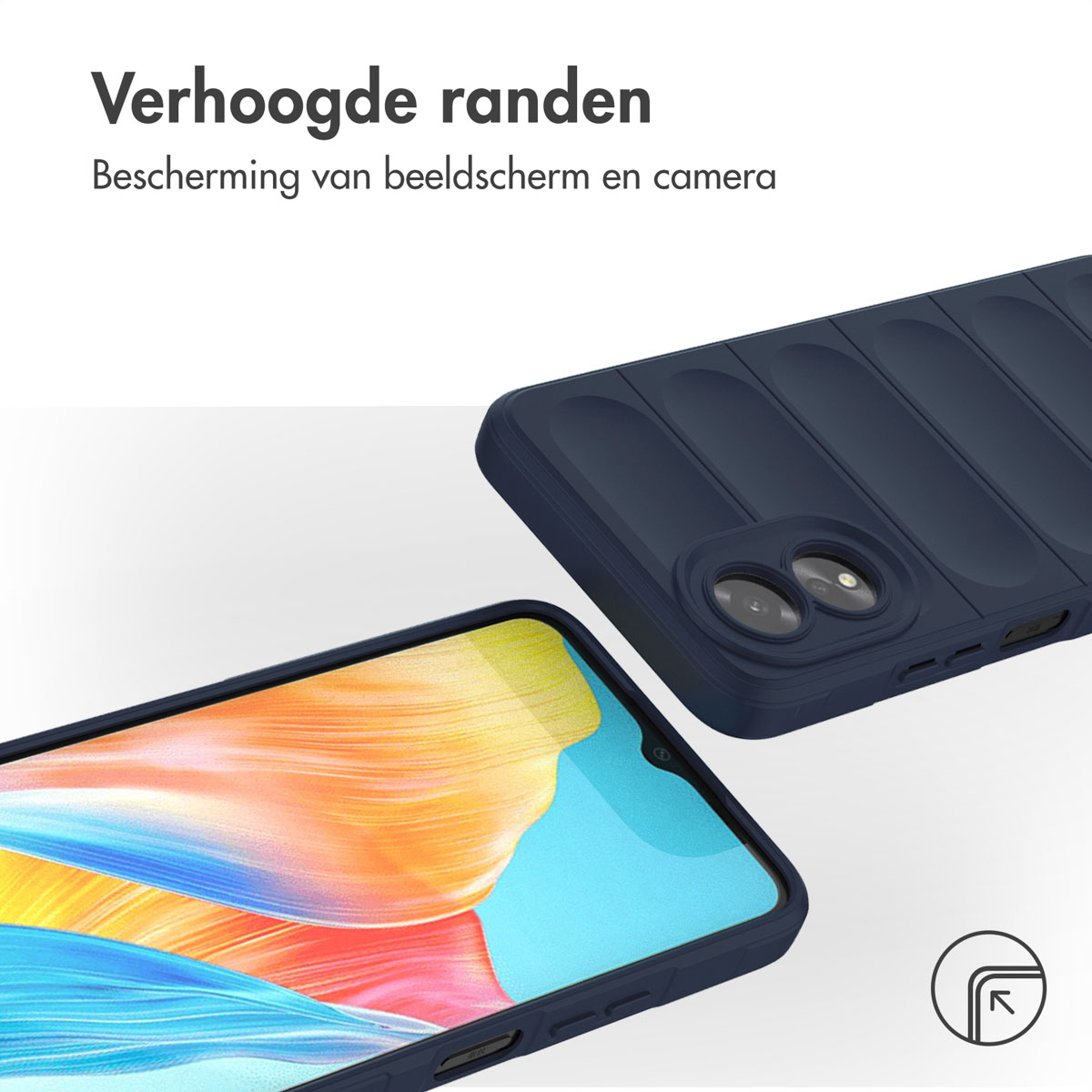 Coque de téléphone avec bords surélevés, protégeant l'écran et l'appareil photo, couleur bleue.
