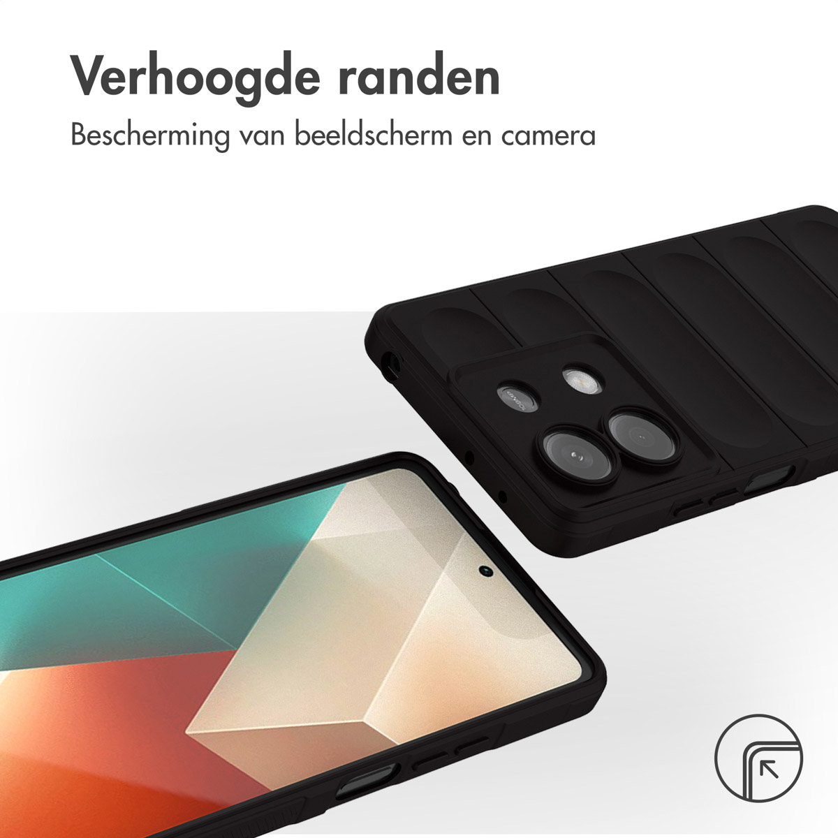 Zwarte telefoonhoes met verhoogde randen die de camera en het scherm beschermen.