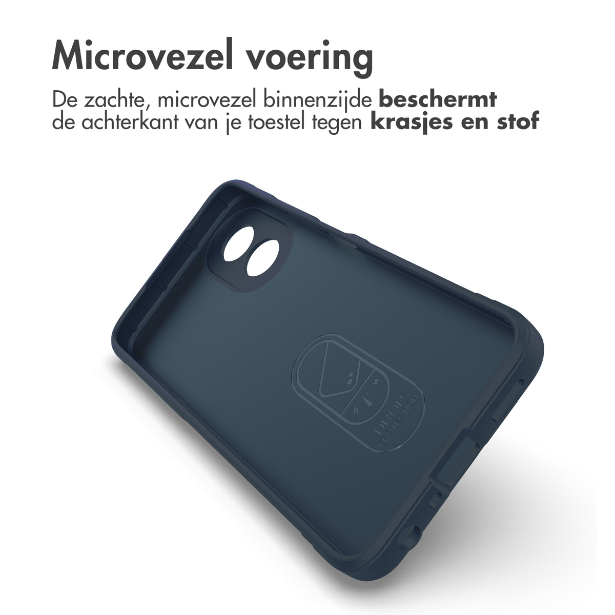 Un étui de téléphone bleu marine. L'intérieur est doux avec un logo de protection contre les chutes. Fond blanc.