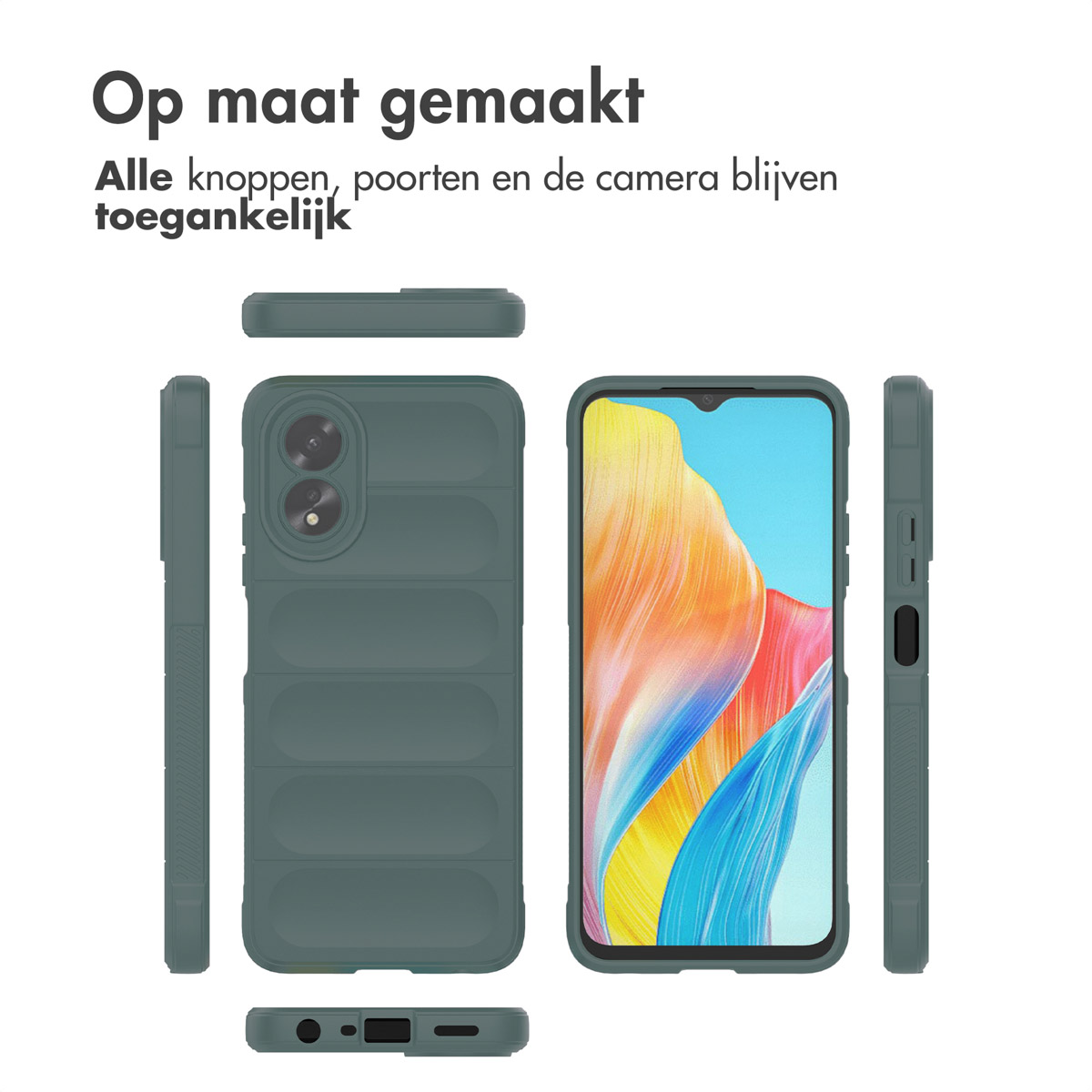 Plusieurs vues d'une coque de téléphone verte, présentant des découpes pour tous les boutons, ports et l'appareil photo du téléphone.