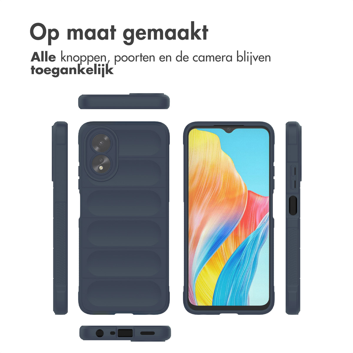 Coque de téléphone bleu marine, découpes pour caméra, ports et boutons.