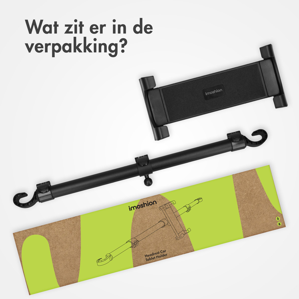 Een zwarte auto tablet houder en verpakking op witte achtergrond.