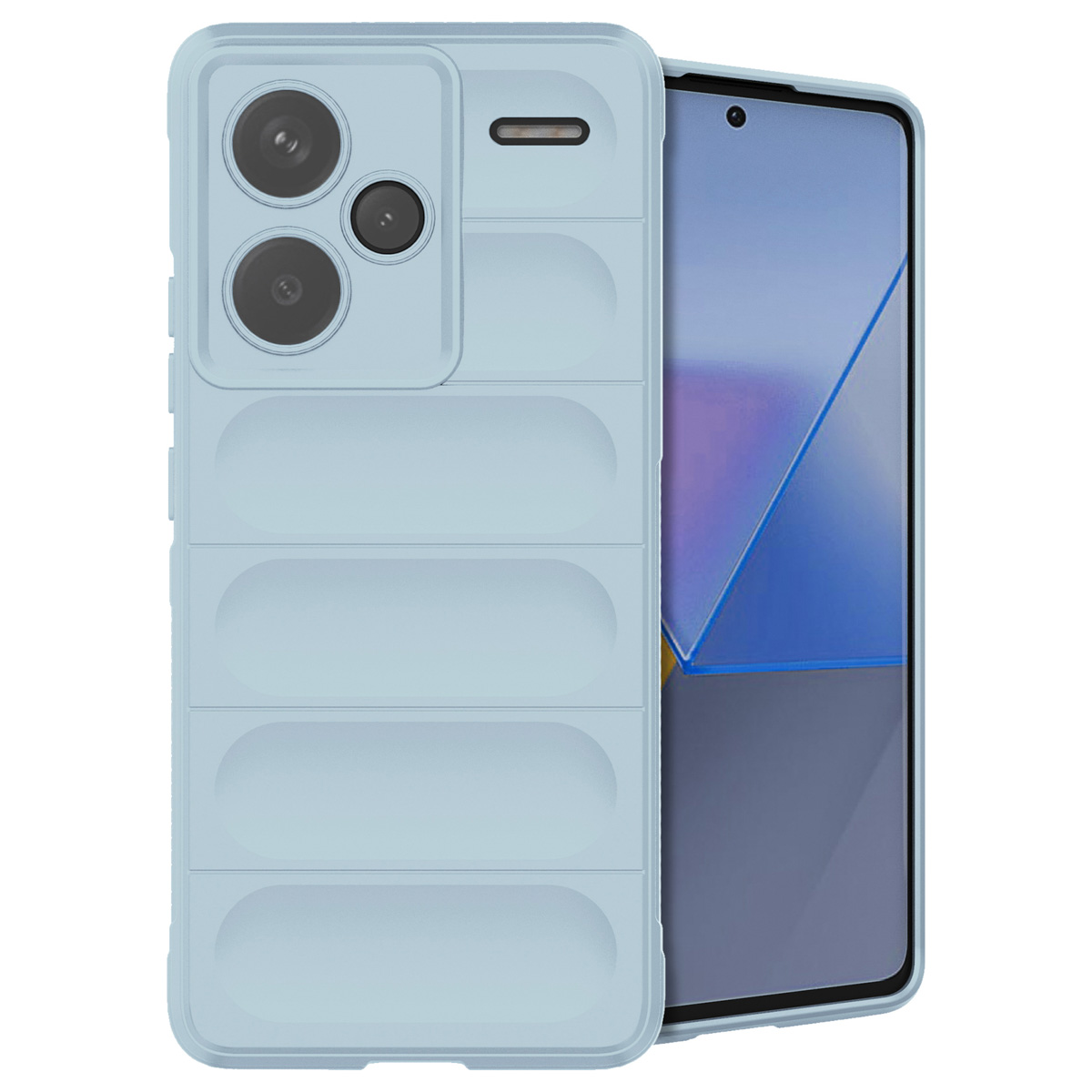 Blauw telefoonhoesje met een lichtblauw telefoonscherm. De hoes heeft een getextureerd ontwerp op de achterkant.