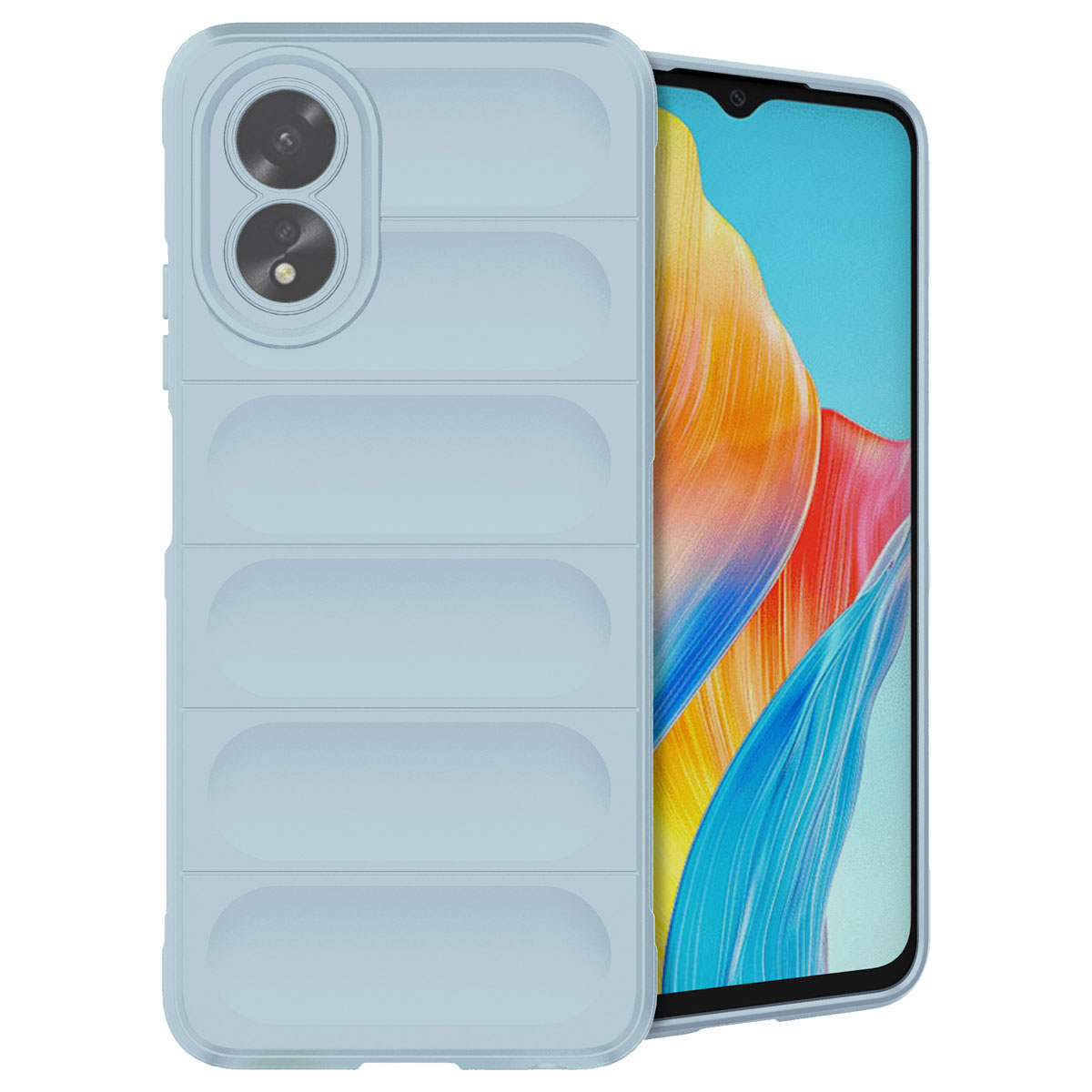 Coque de téléphone bleue, écran de téléphone bleu clair, design arrière texturé.