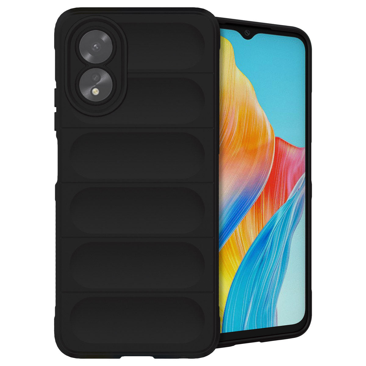 Une coque de téléphone noire sur un téléphone affichant une image abstraite colorée.