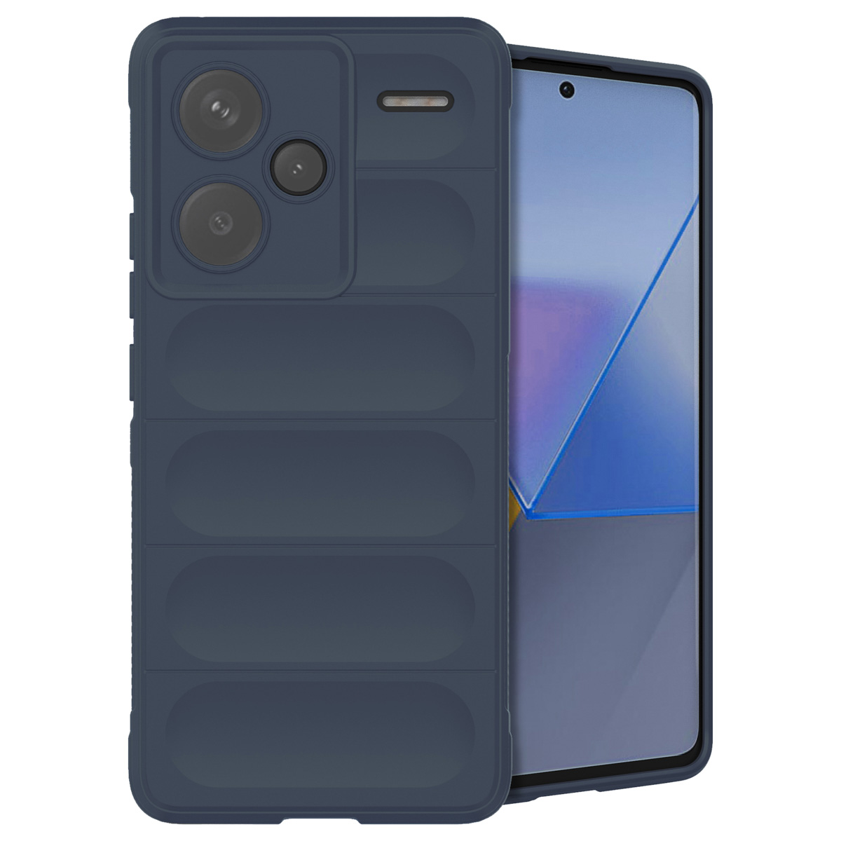 Een close-up van een telefoonhoesje in donkerblauw met een telefoon erin.