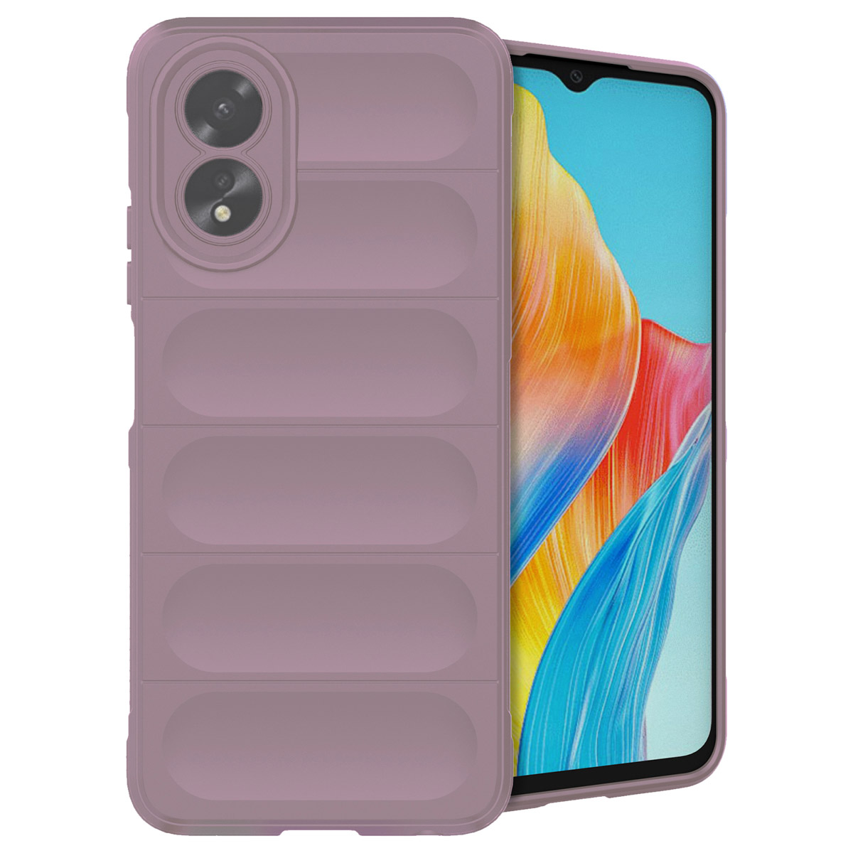 Une coque de téléphone lavande avec un téléphone affichant une image. Le fond est clair.