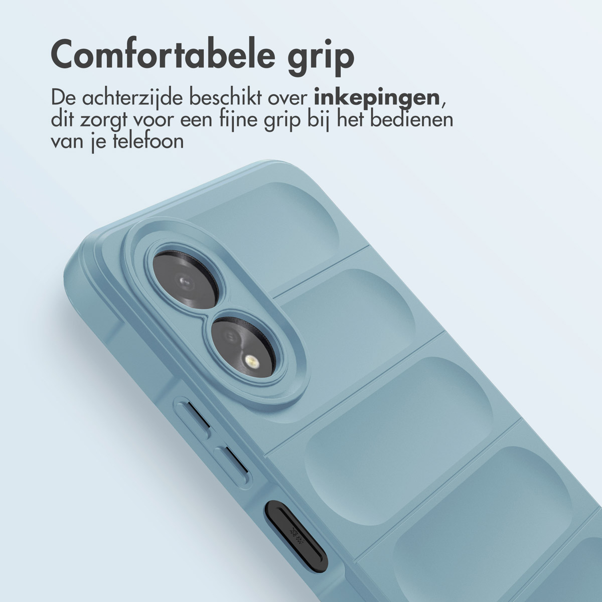 Gros plan d'une coque de téléphone bleue. Texte : Prise en main confortable. Le dos comporte des encoches pour une bonne prise en main.