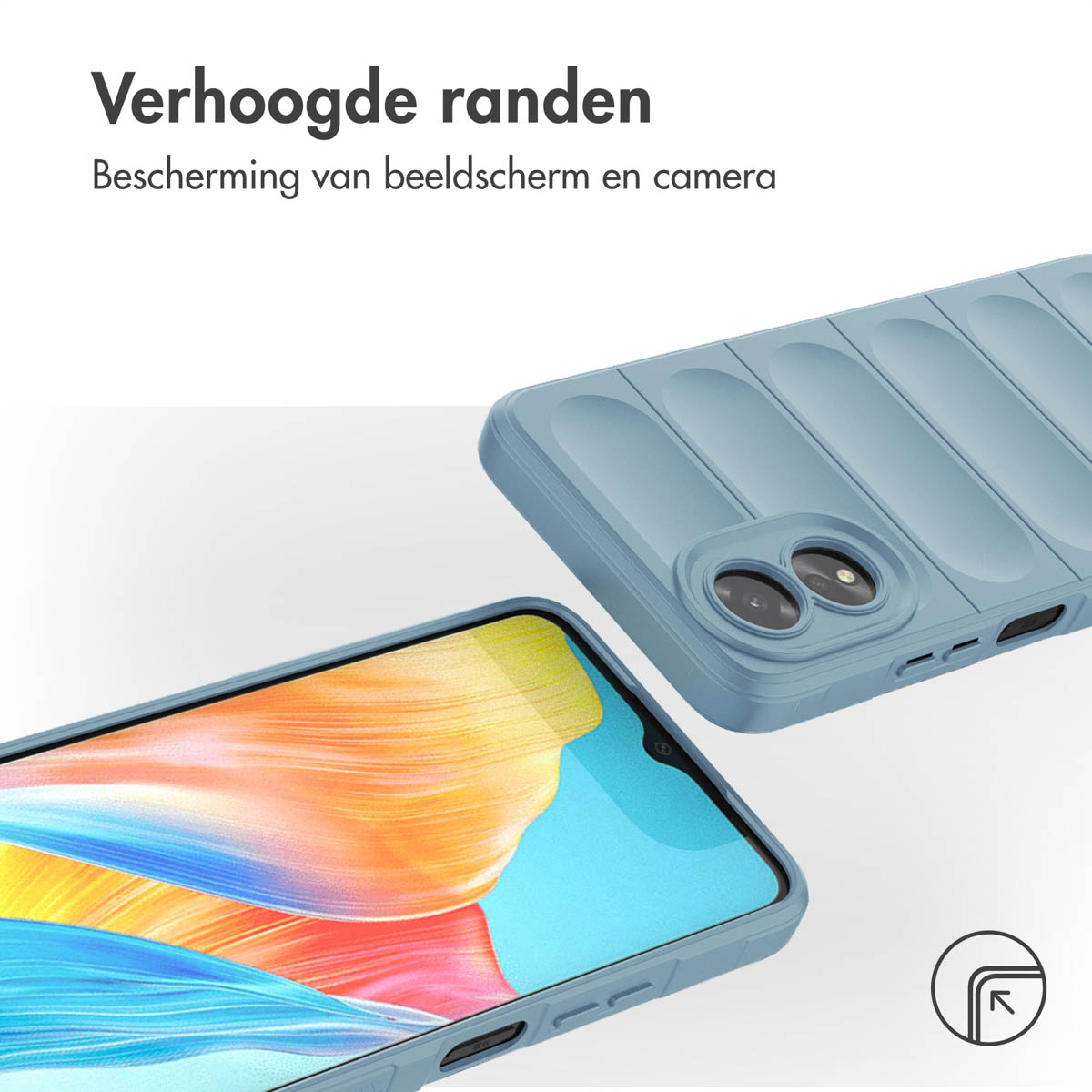 Deux coques de téléphone bleues, une avec un téléphone à l'intérieur, sur fond blanc.