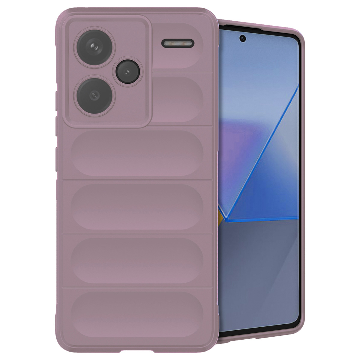 Paarse telefoonhoes met camera-uitsparingen en een telefoon, op een witte achtergrond.