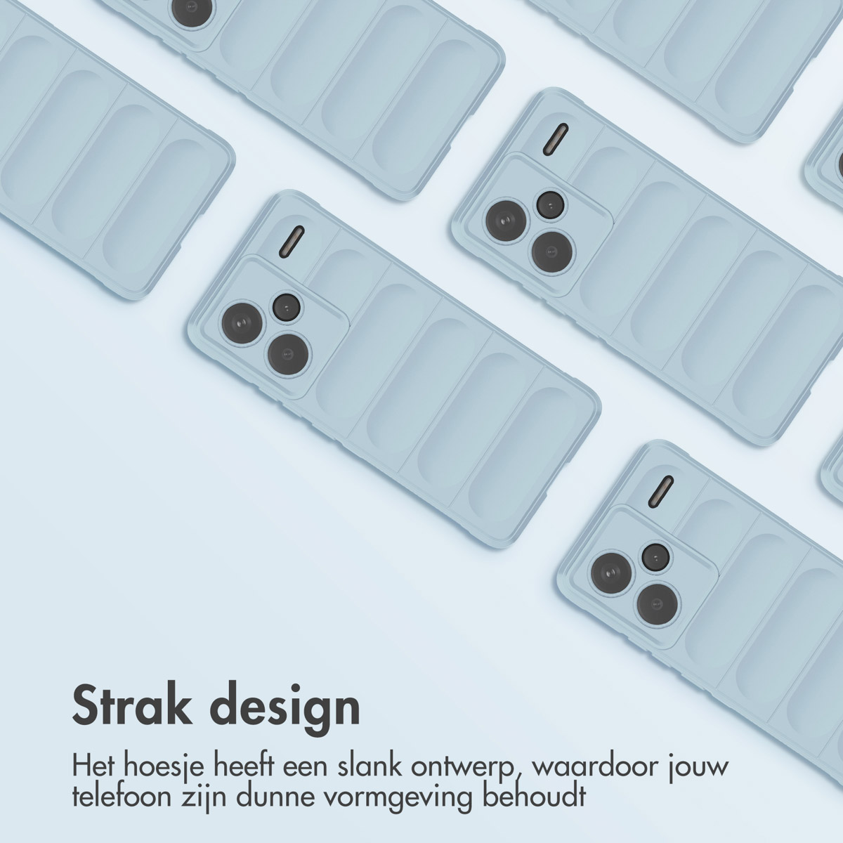 Meerdere lichtblauwe telefoonhoesjes verspreid. Ontwerp van de hoes.
