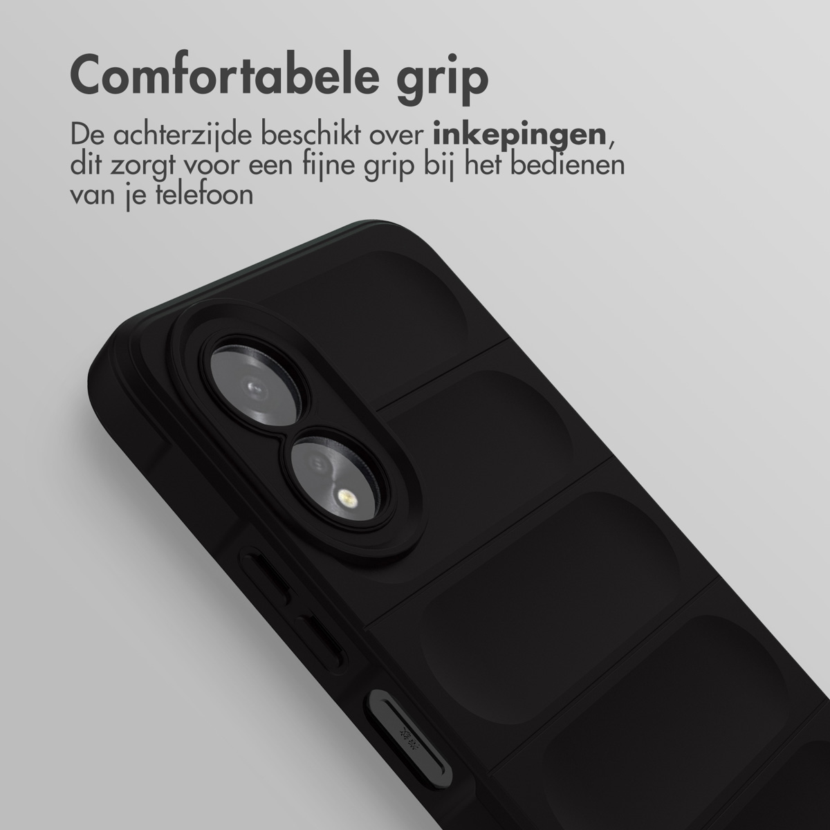 Un étui de téléphone noir avec des indentations. Il a une prise en main confortable et est en plastique.