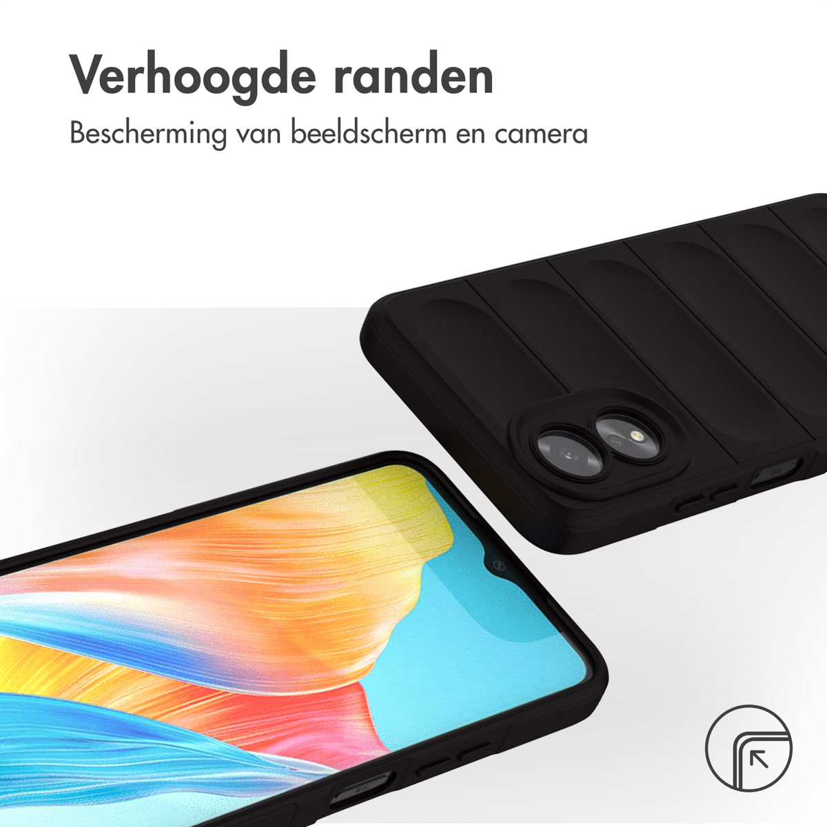 Coque de téléphone noire avec bords surélevés pour protéger l'écran et l'appareil photo.