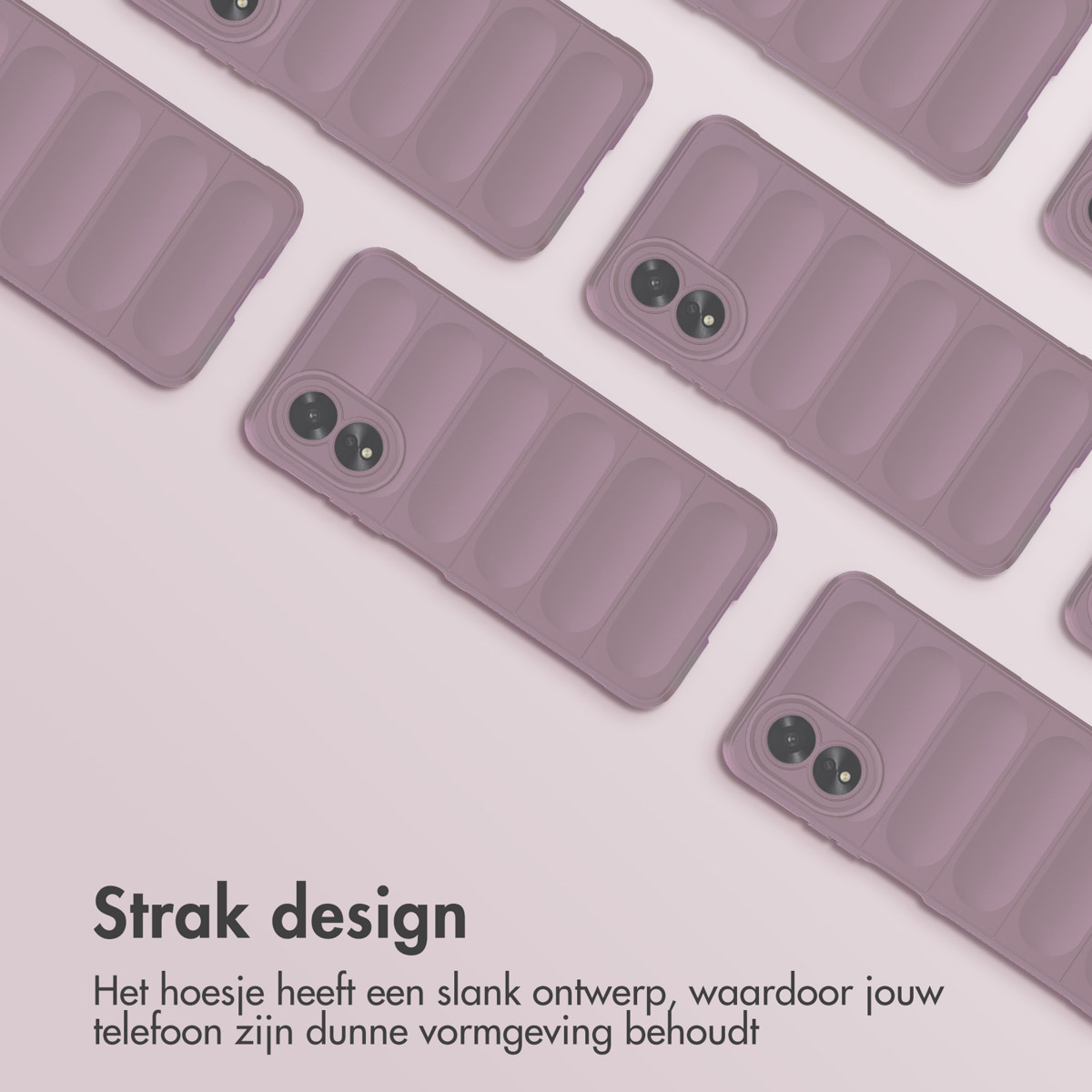 Plusieurs coques de téléphone lilas, disposées sur fond rose, avec texte en bas.